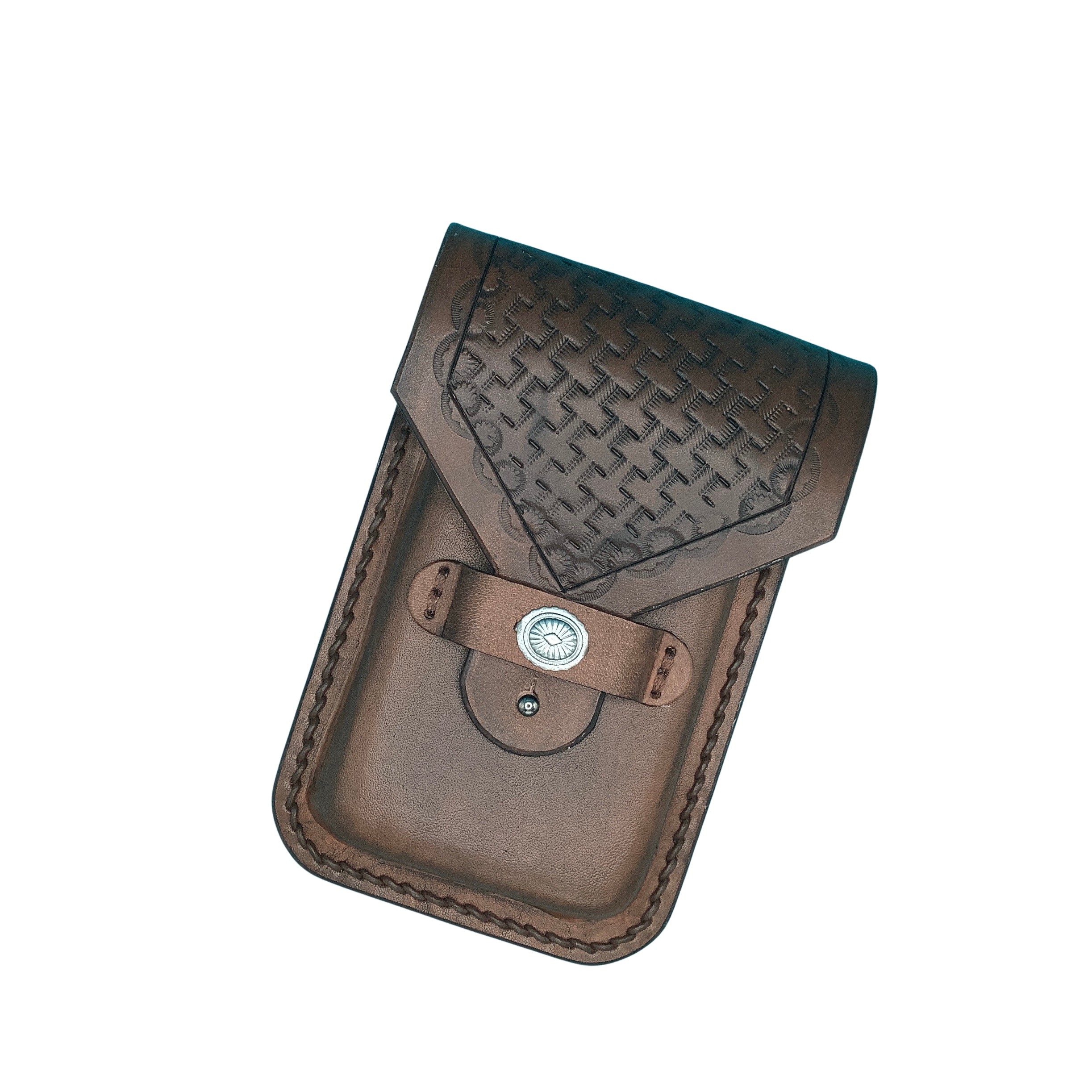 A hand tooled leather dark brown basketweave phone holder for a saddle billet.