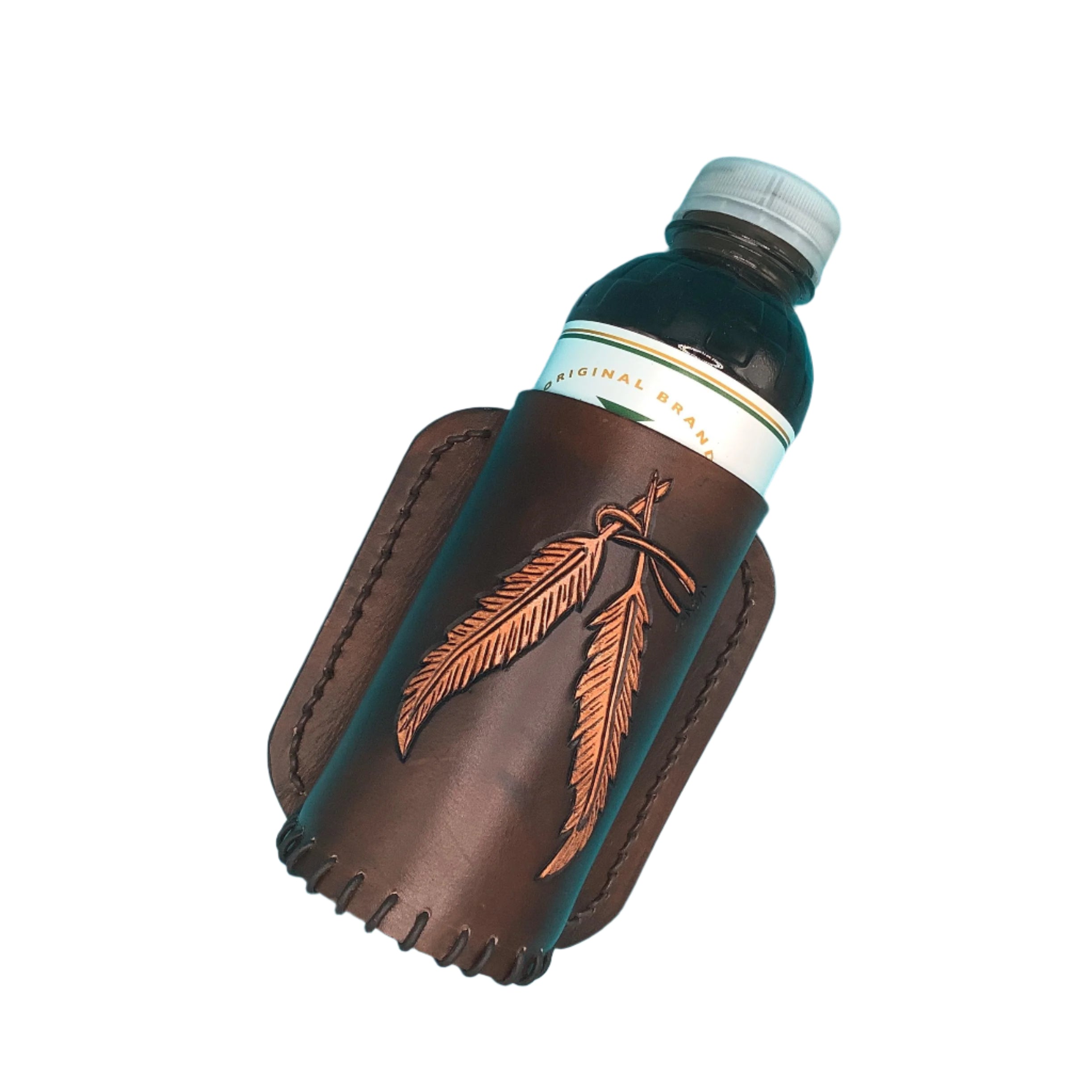 A dark brown leather saddle rear cinch bottle holder with hand tooled feathers. 