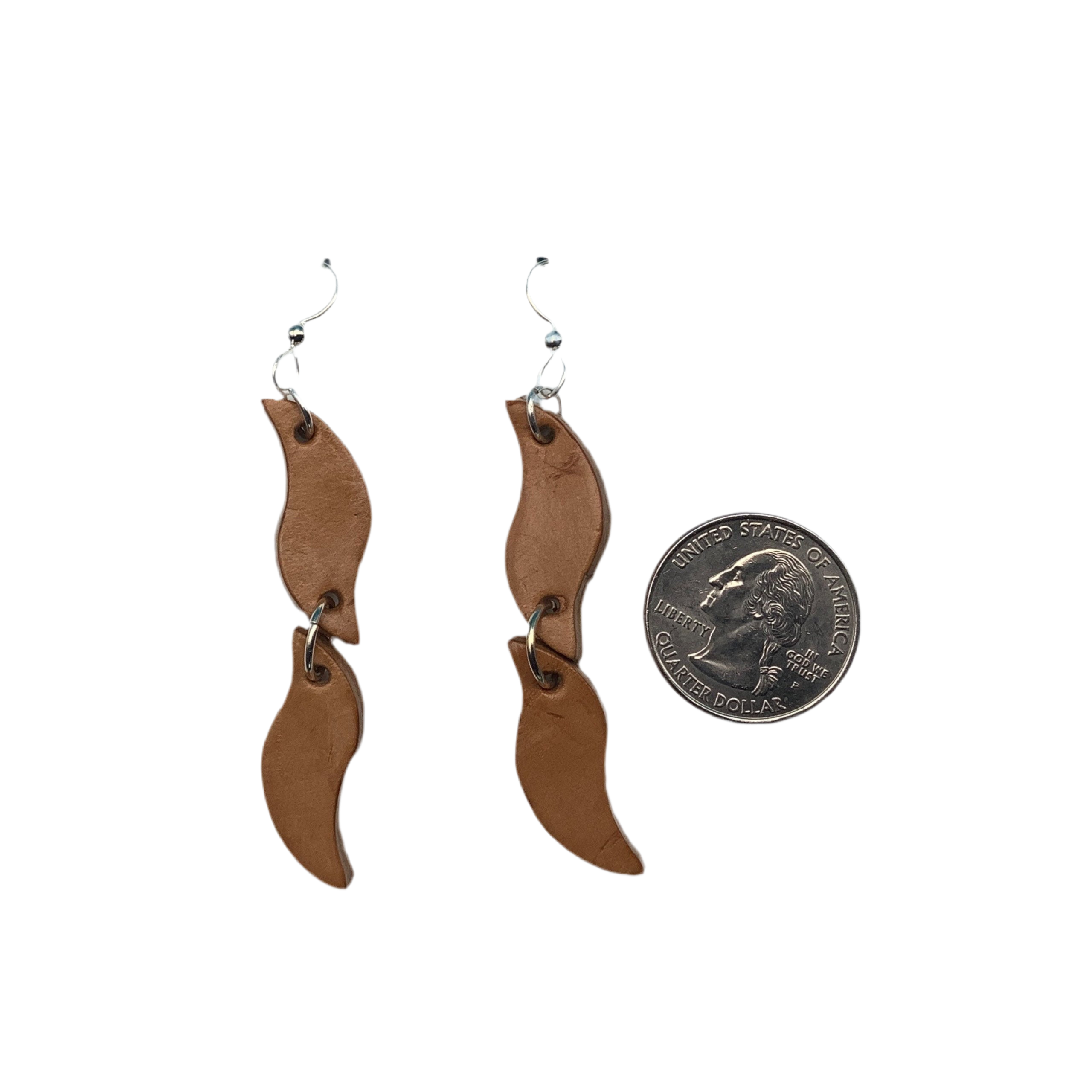 Long leather earrings on sterling silver ear wires shown to be larger than a quarter. 