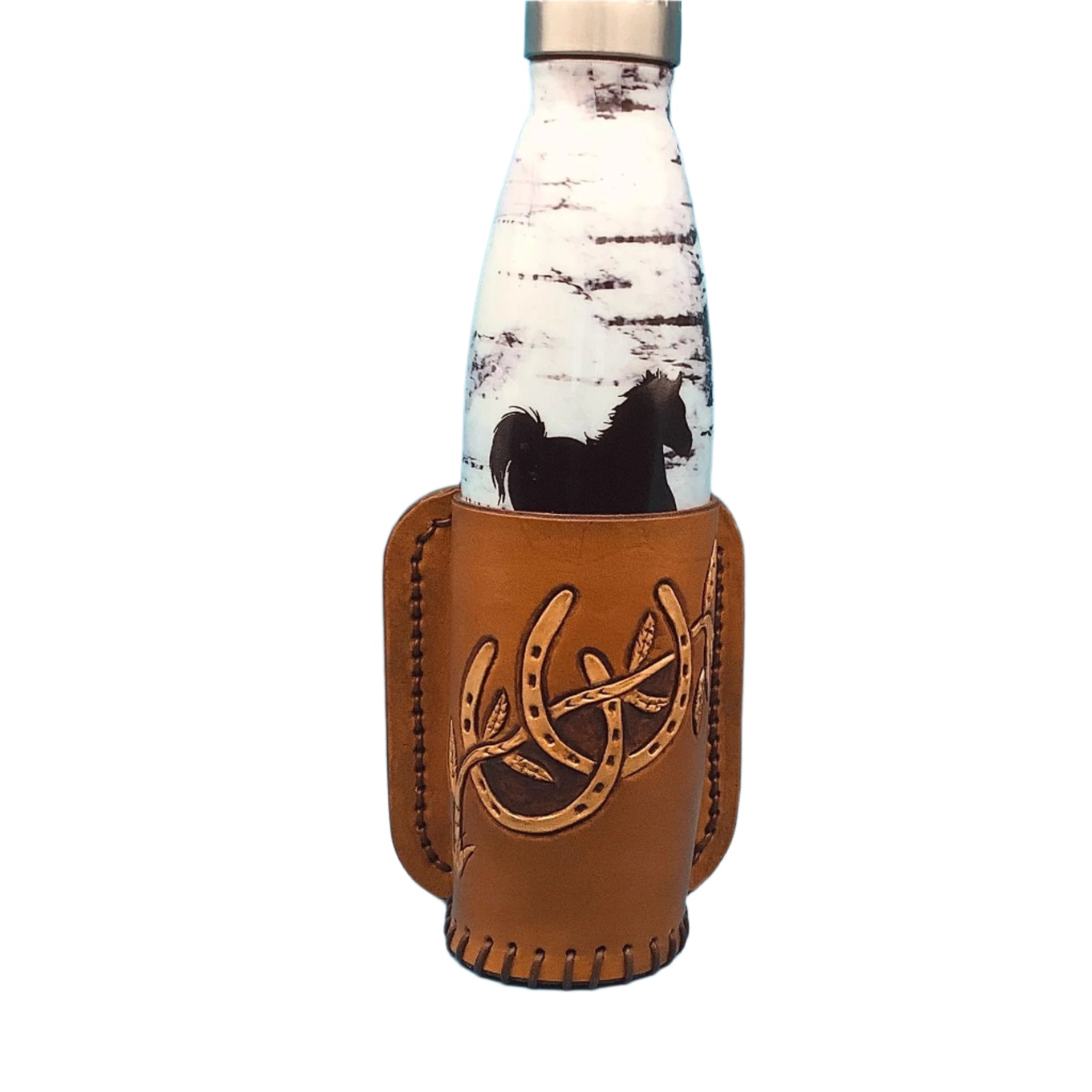 A saddle rear cinch bottle holder with a vacuum bottle in it.