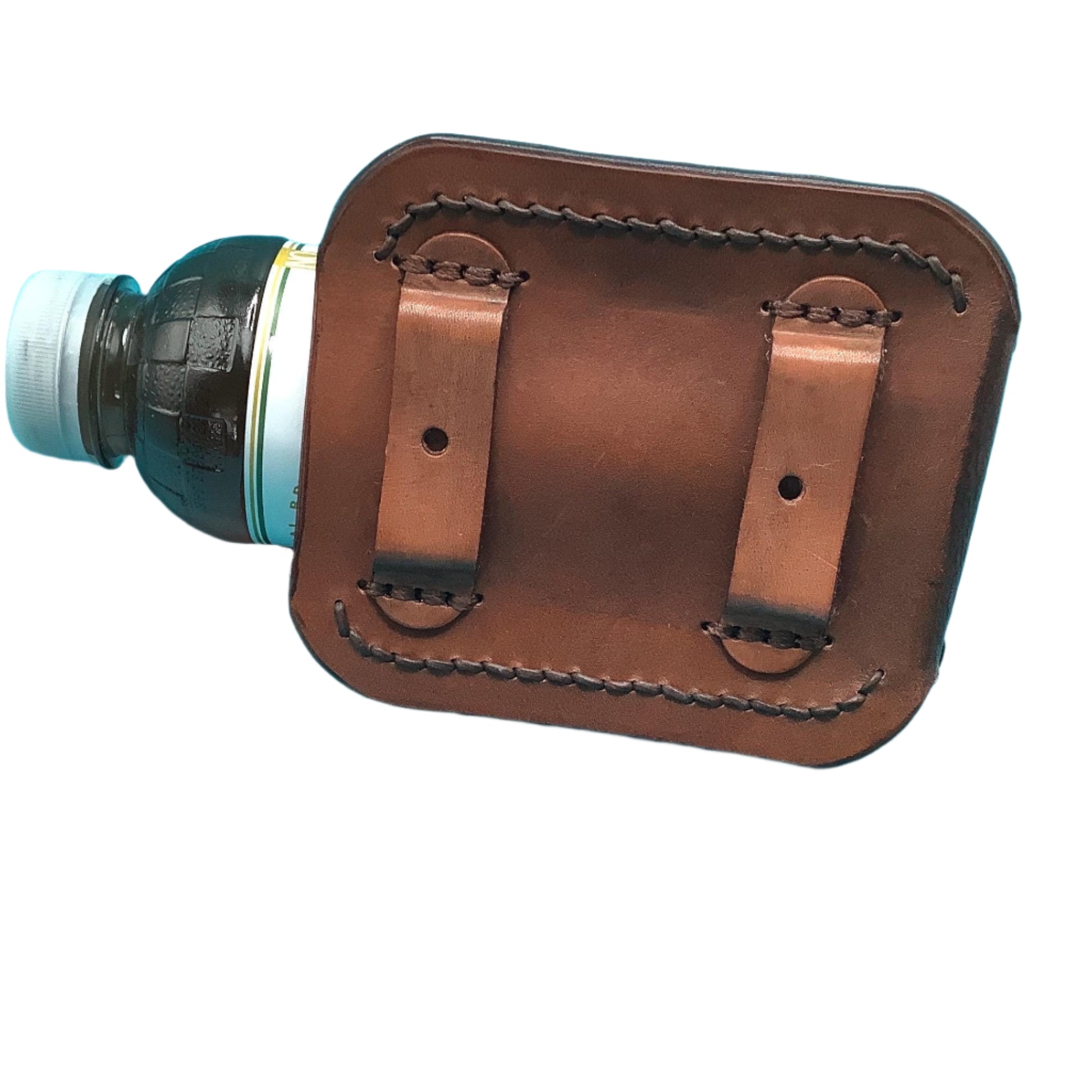 The back of a medium brown leather bottle holder for a saddle billet with hand tooled cross and vine.