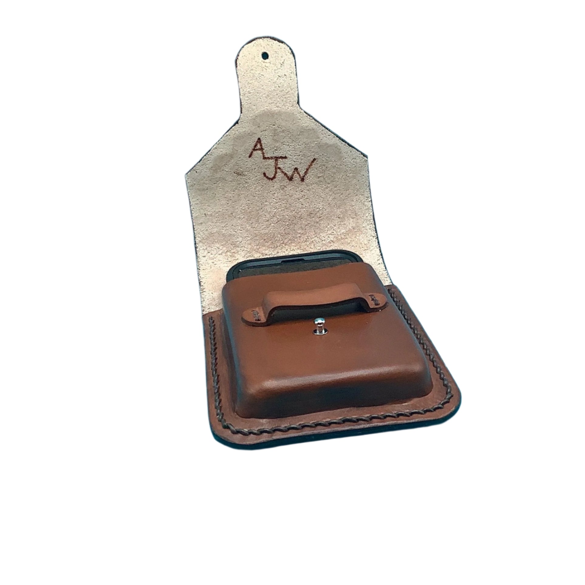 An open saddle phone holder with a phone in it.
