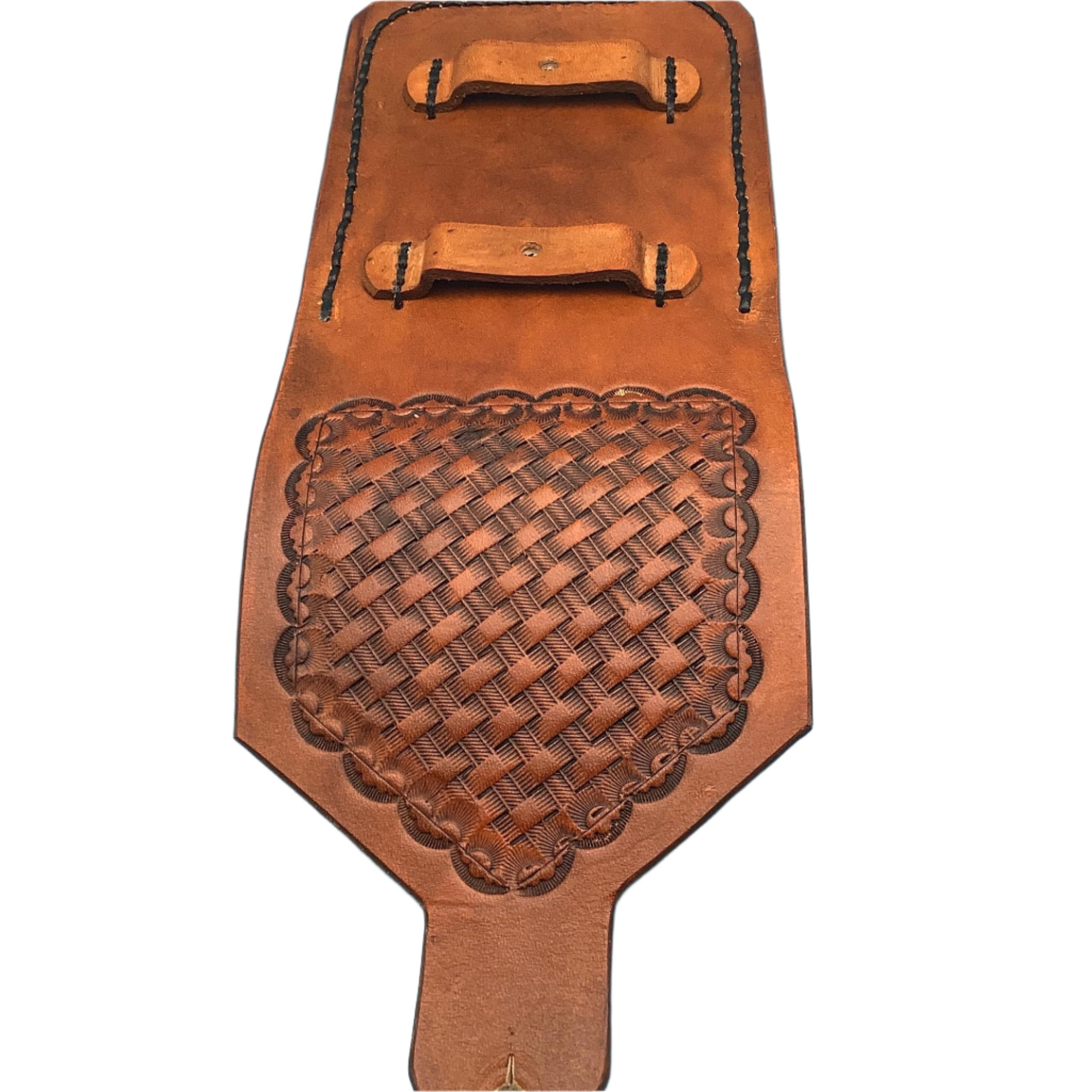 A full view of a saddle tan basketweave leather phone holder for saddle billet strap.