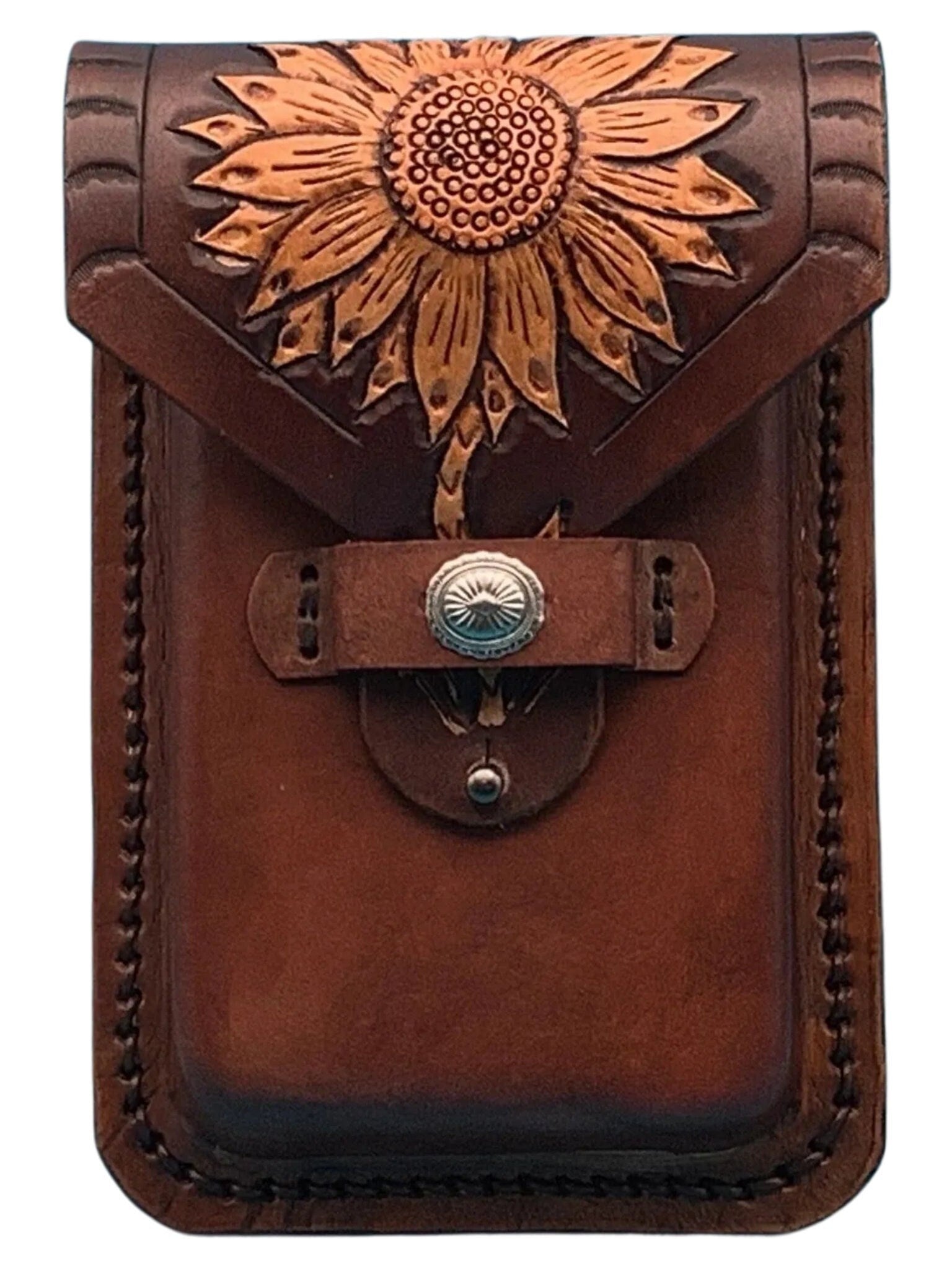 A close up of a mahogany leather phone case for saddle billet with hand tooled sunflower.