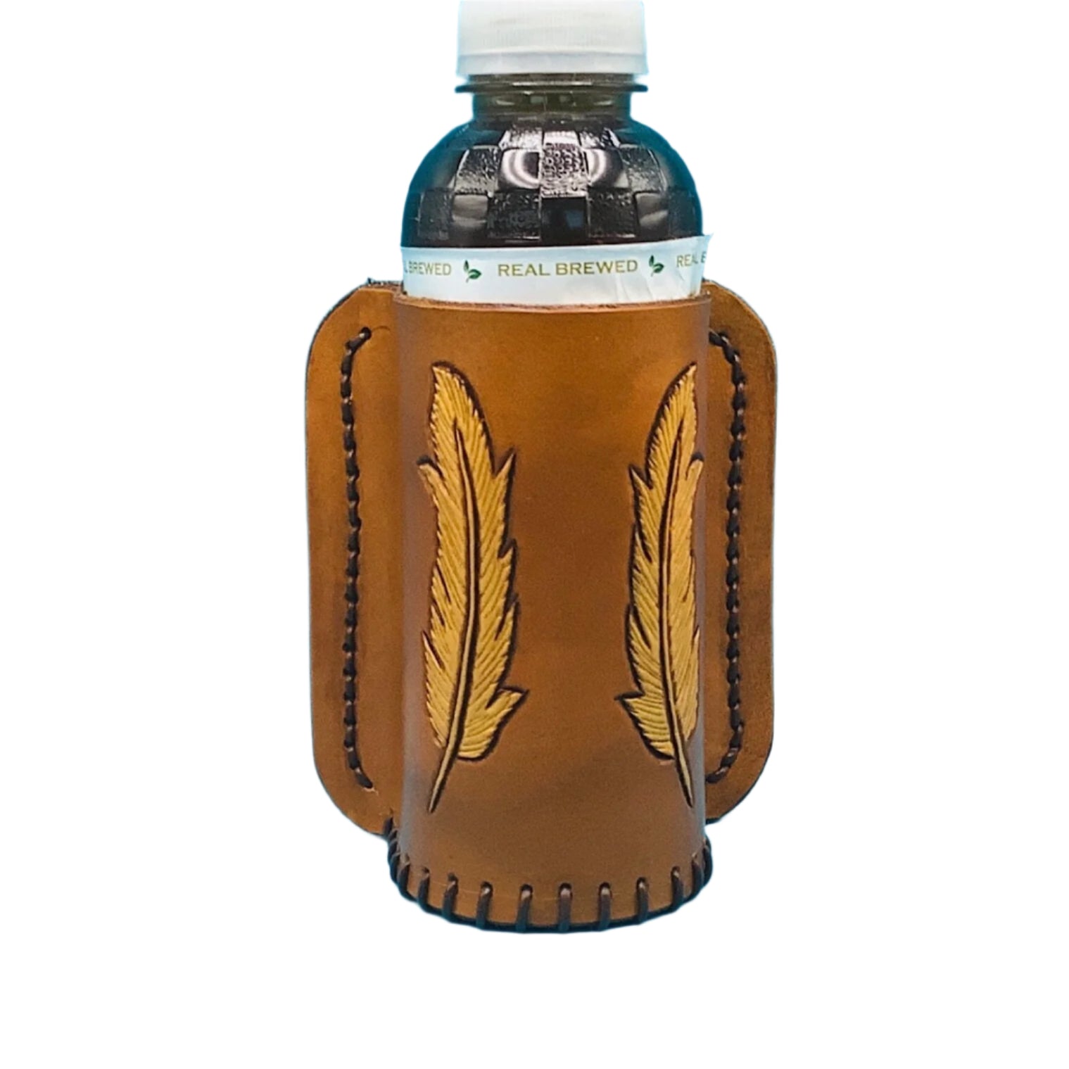 tan leather bottle holder for saddle billet with hand tooled feathers shown with a sweet tea bottle in it. 