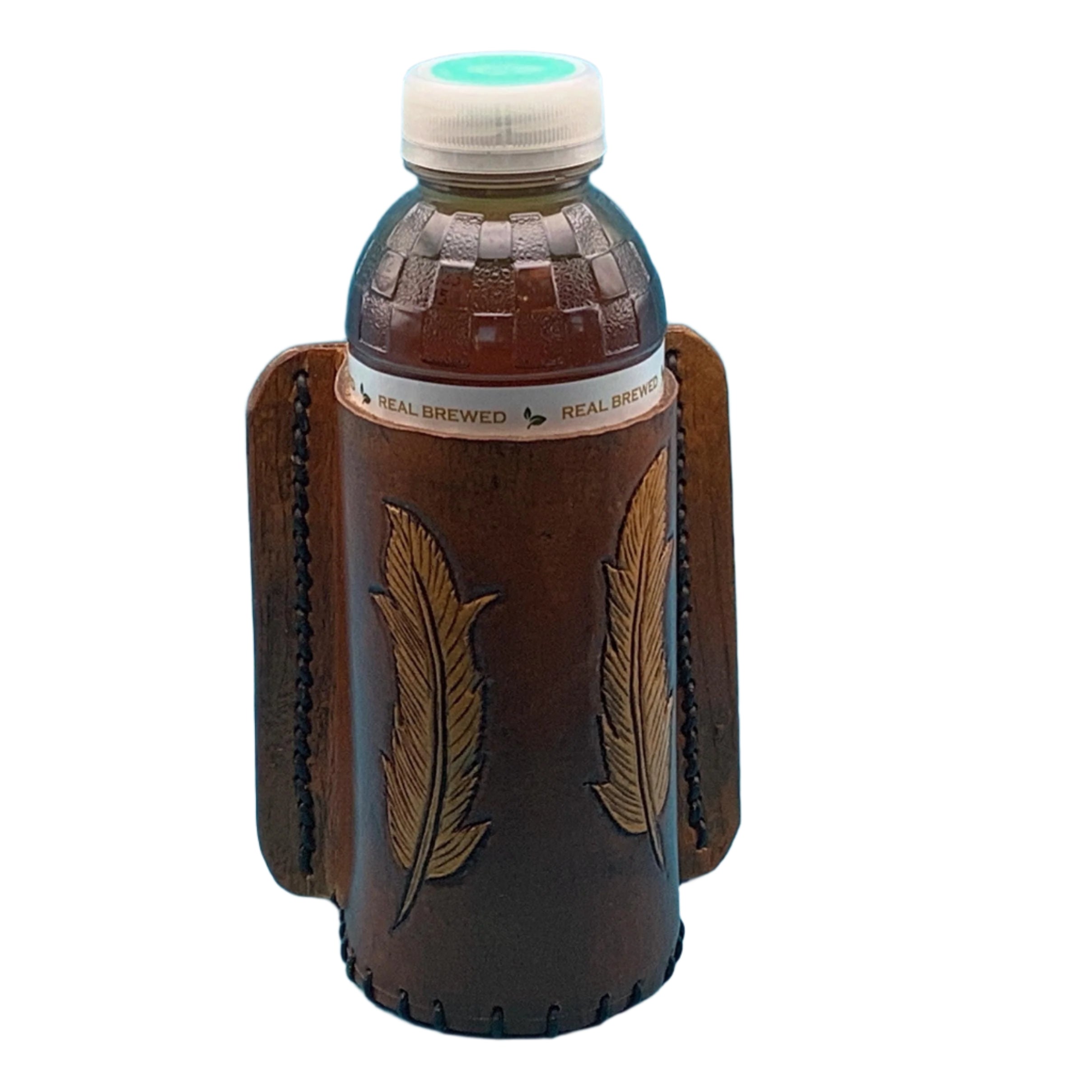 A mahogany leather bottle holder with hand tooled feathers shown with a sweet teat bottle in it.