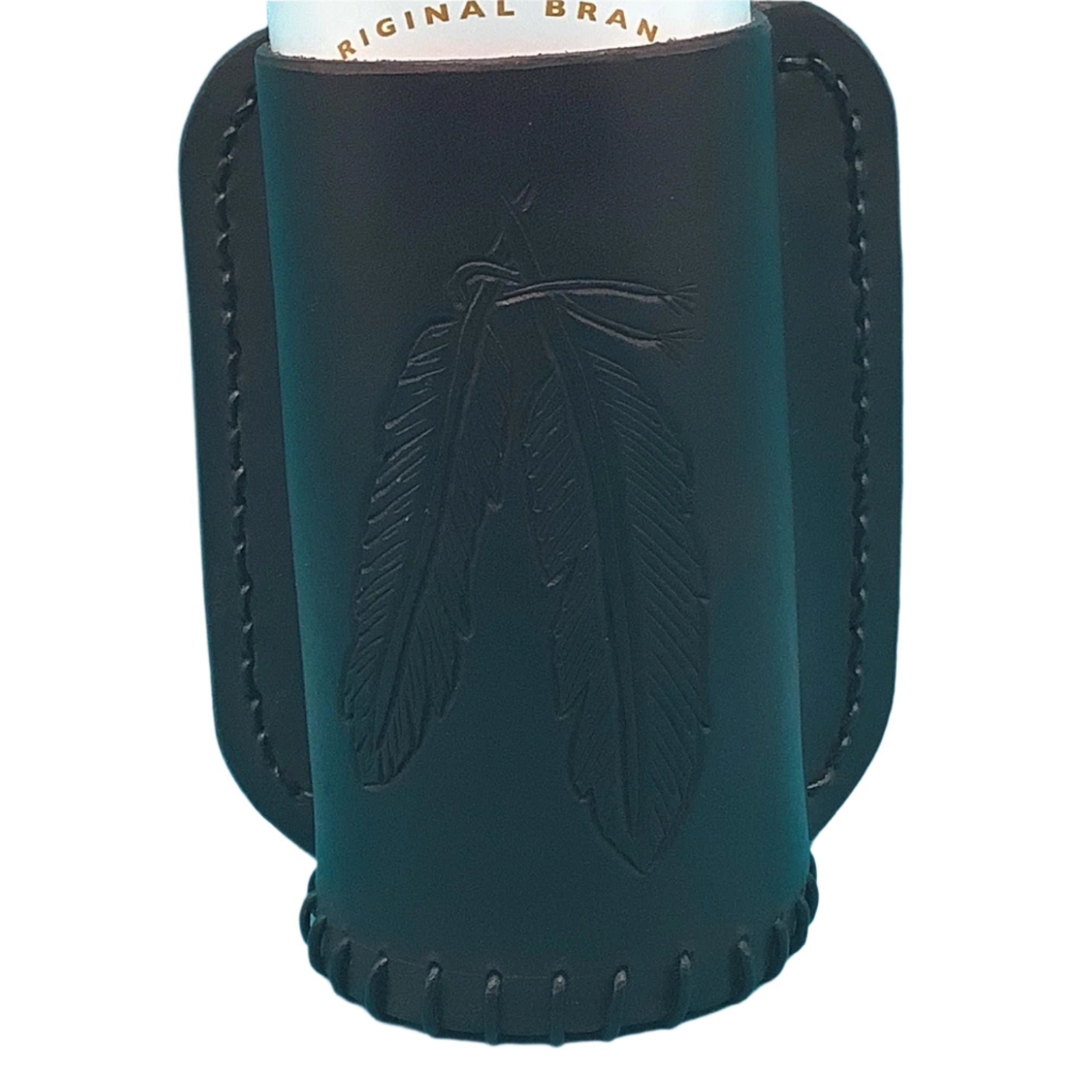 A close up of a dark chocolate bottle holder for saddle billet strap with hand tooled feathers.