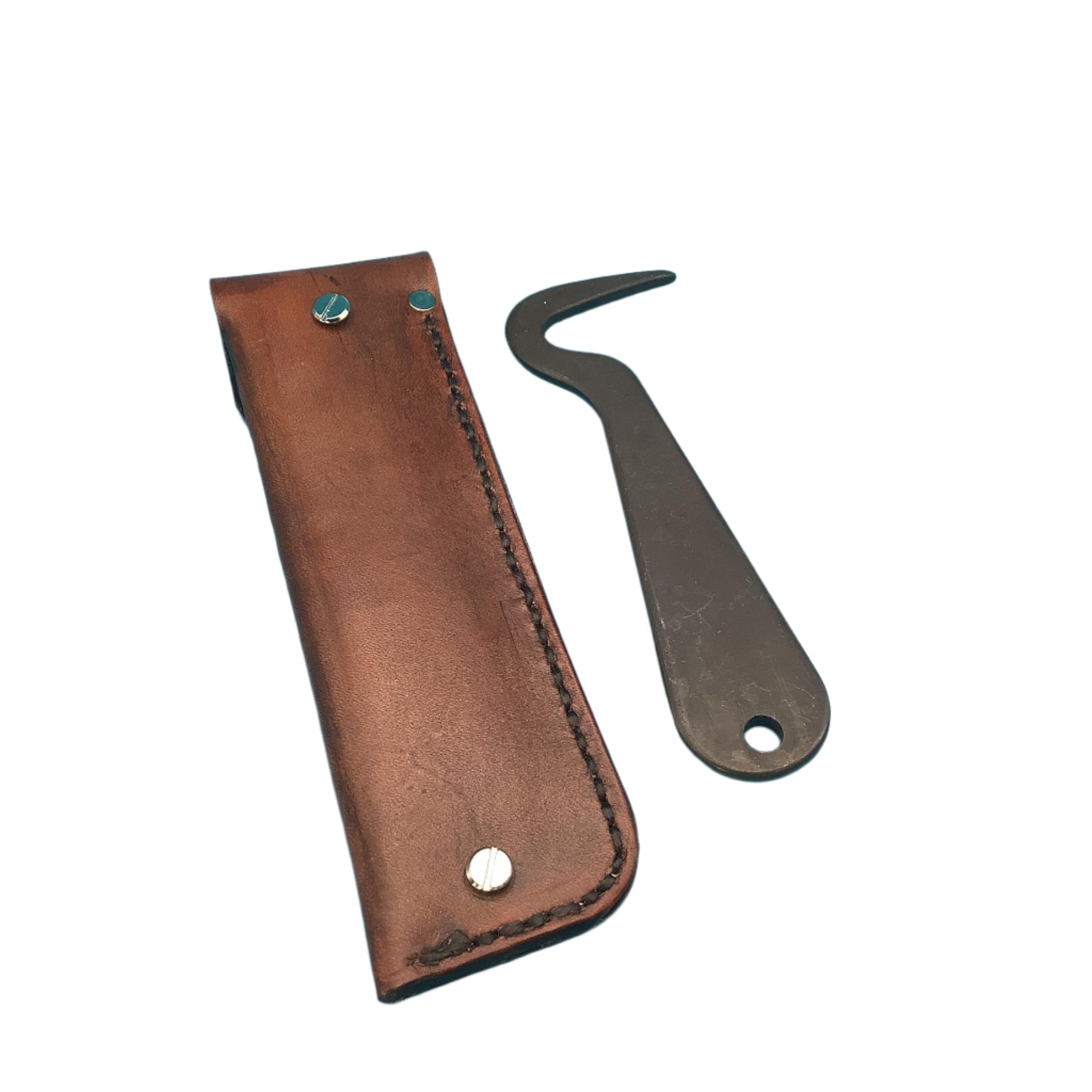 The back of a mahogany basketweave saddle hoof pick holder and a Showman hoof pick.