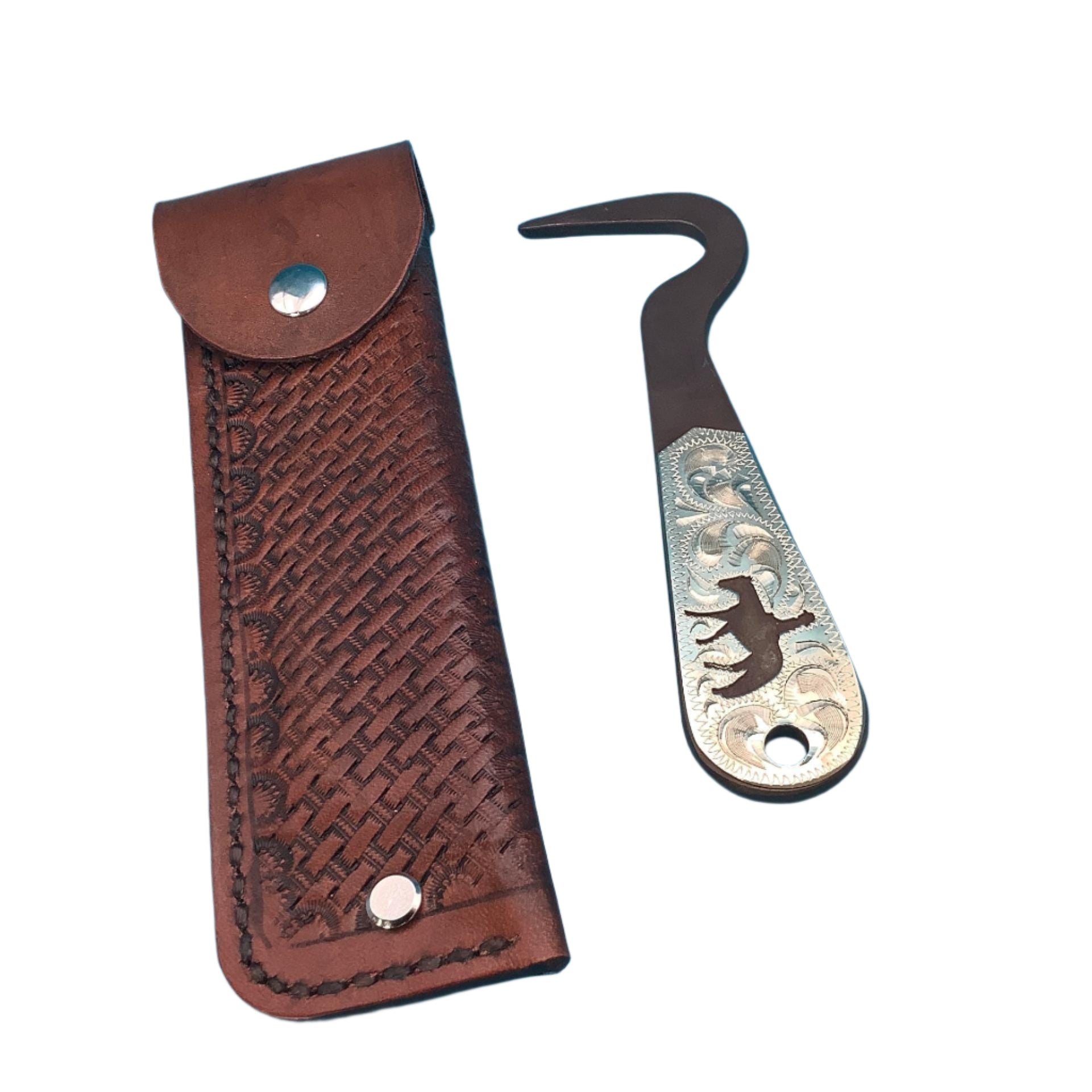 A mahogany basketweave saddle hoof pick holder for a saddle rear cinch and a Showman hoof pick with a pleasure horse insert in the handle.
