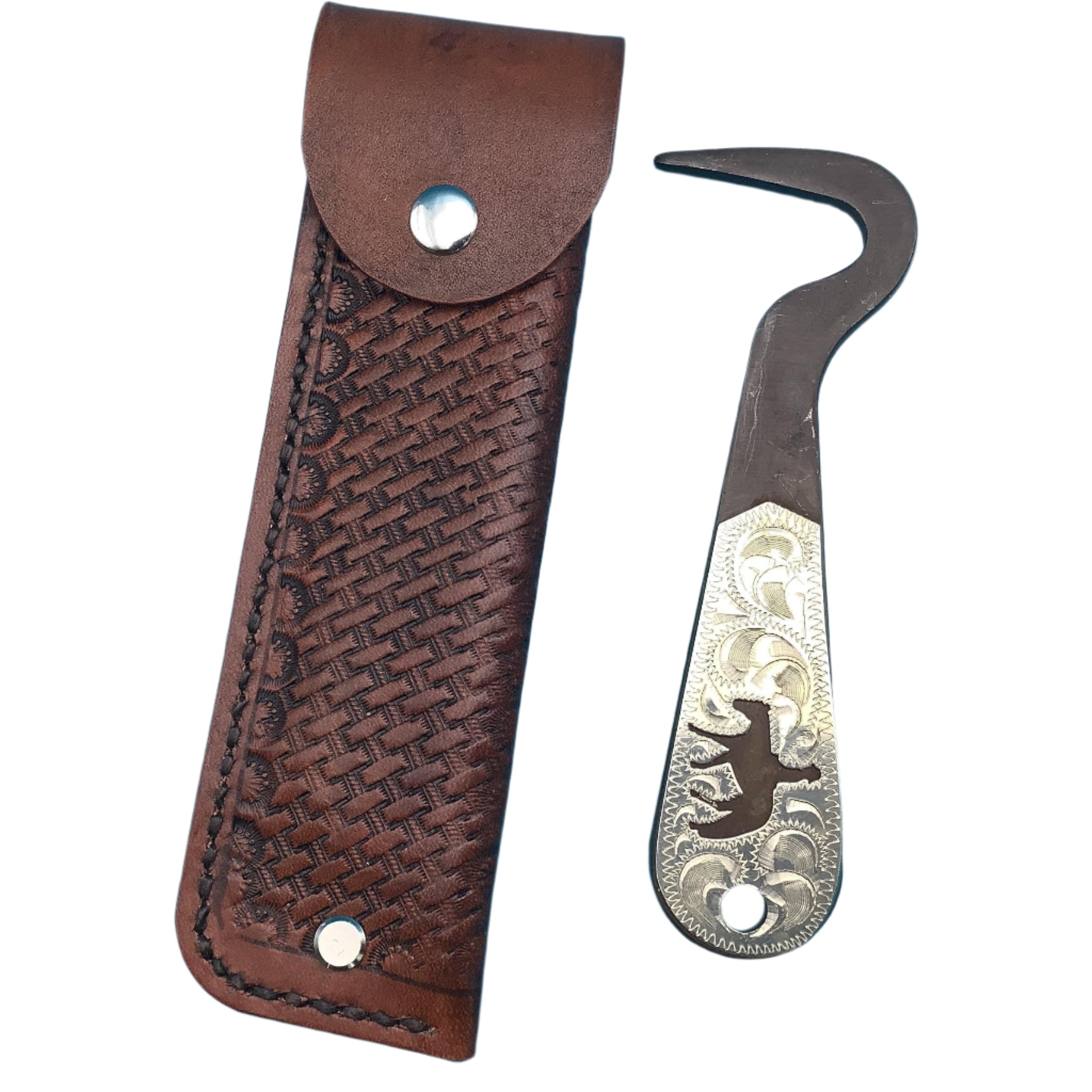 A mahogany basketweave saddle hoof pick holder for a saddle rear cinch and a Showman hoof pick with a pleasure horse insert in the handle.