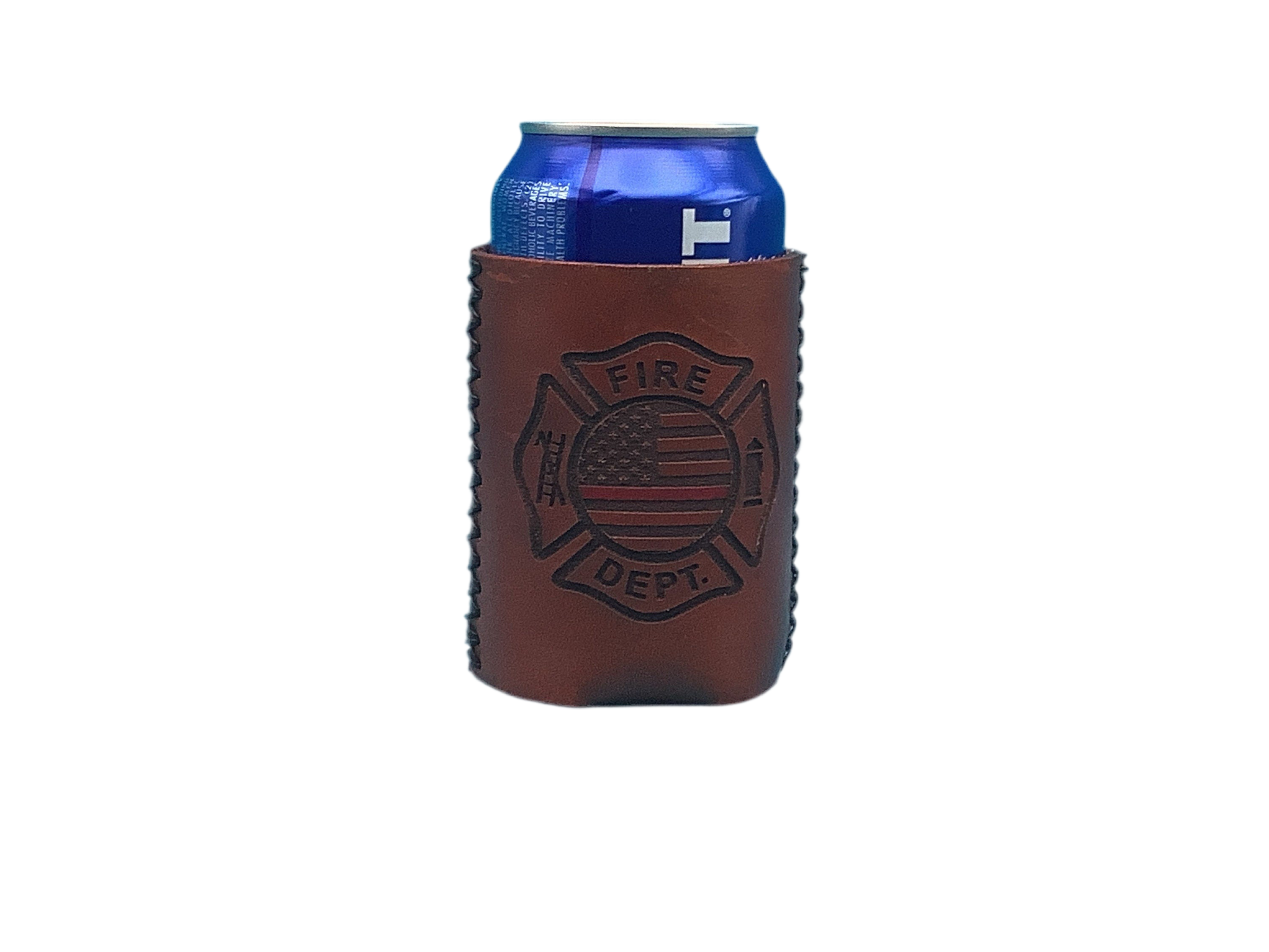 A leather drink sleeve with a firefighter logo emblazoned on it and laces on the sides. 
