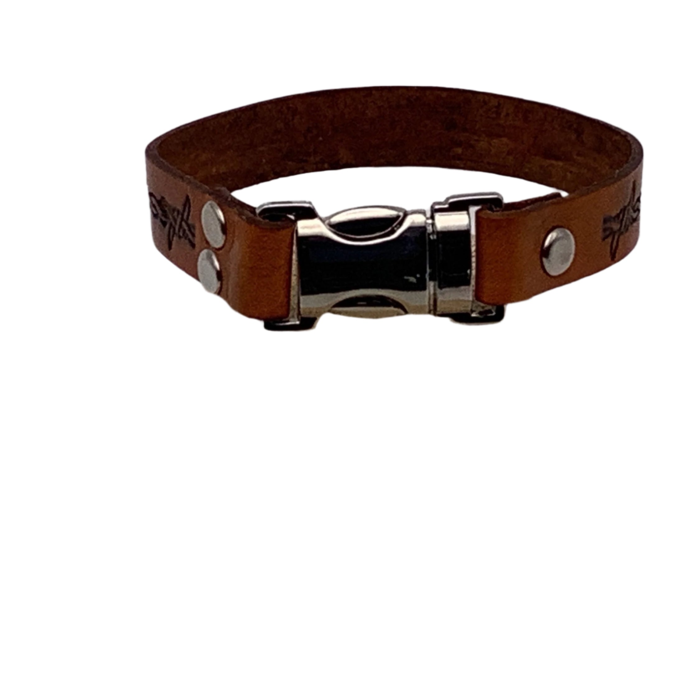 A close up of the side clasp on a leather bracelet.