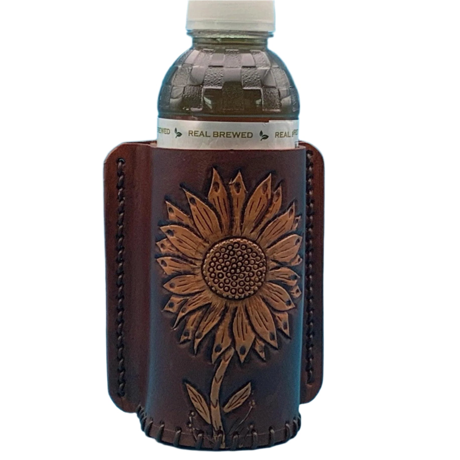 Mahogany leather bottle holder for a saddle rear cinch with hand tooled sunflower.