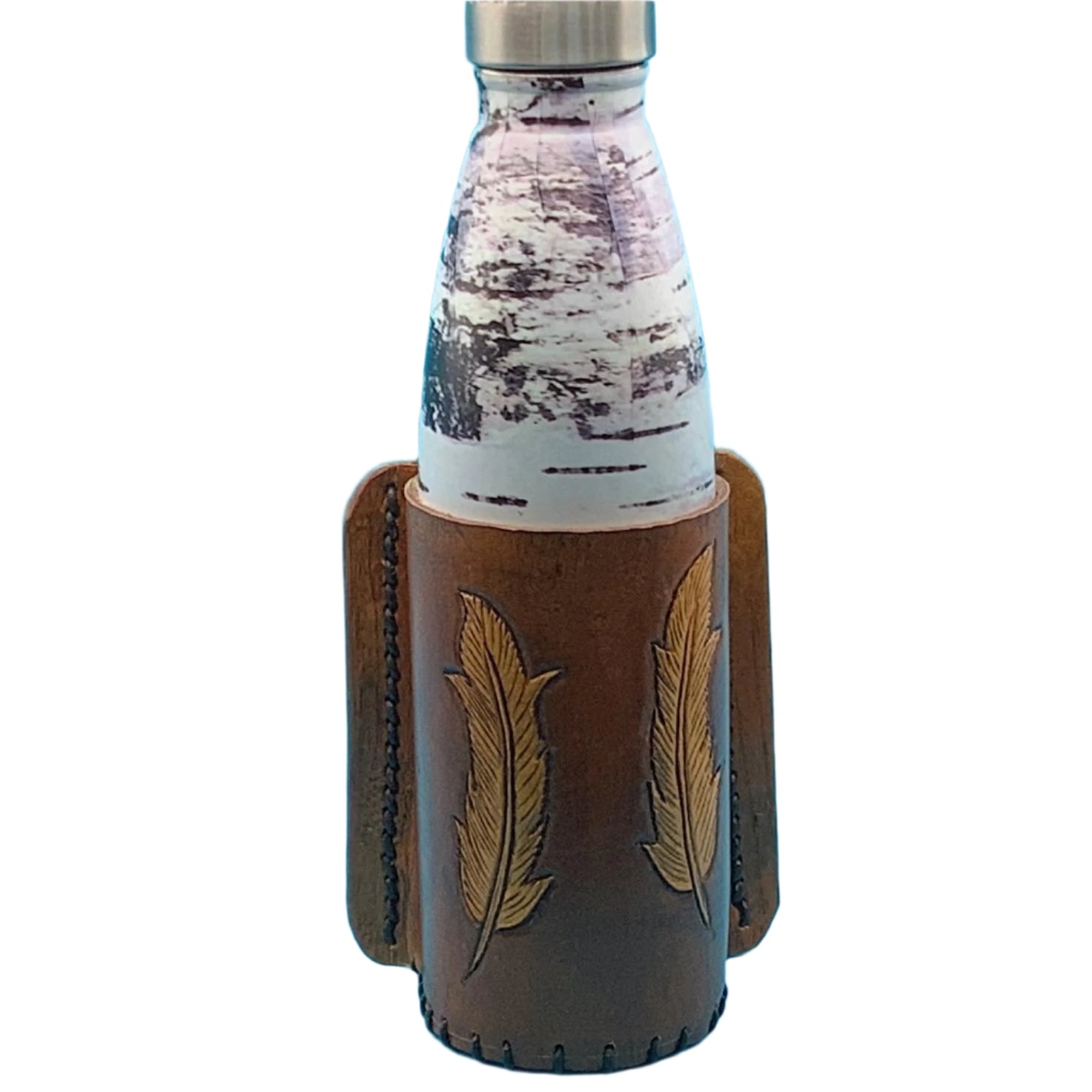 A  mahogany leather bottle holder with hand tooled feathers shown with a vacuum bottle in it.
