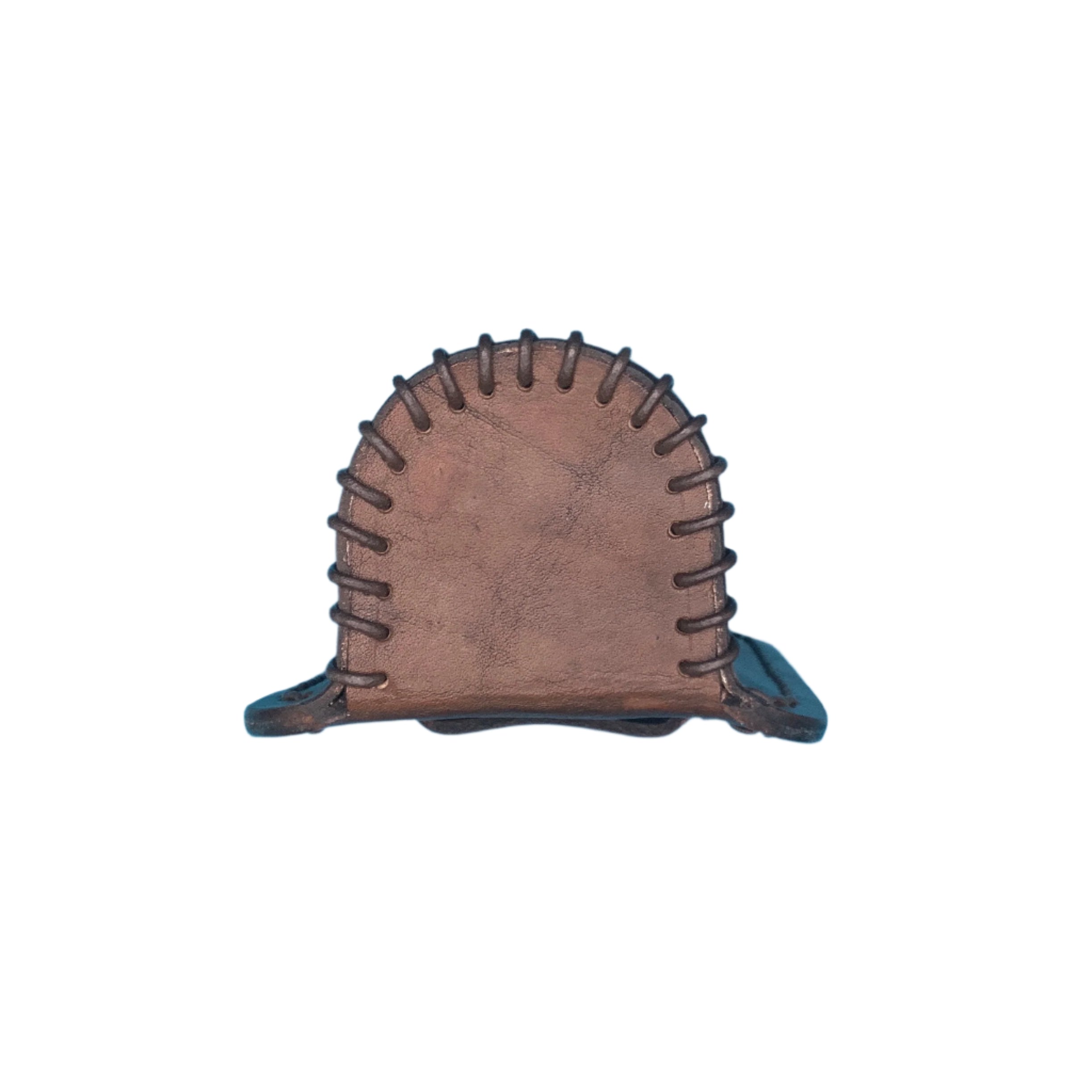 The bottom of a dark brown leather bottle holder for saddle rear cinch.