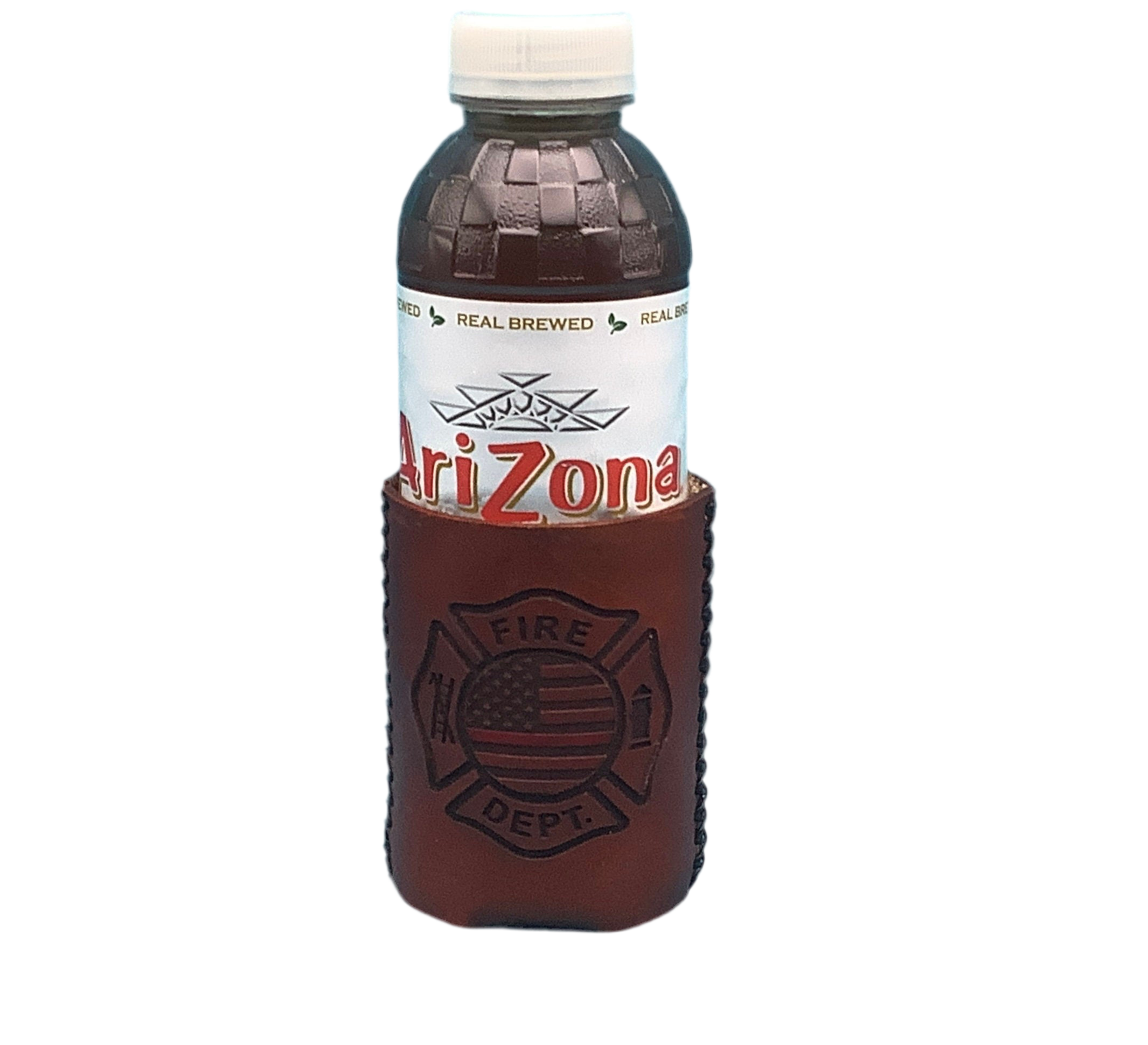 A leather drink sleeve with a bottle in it. 