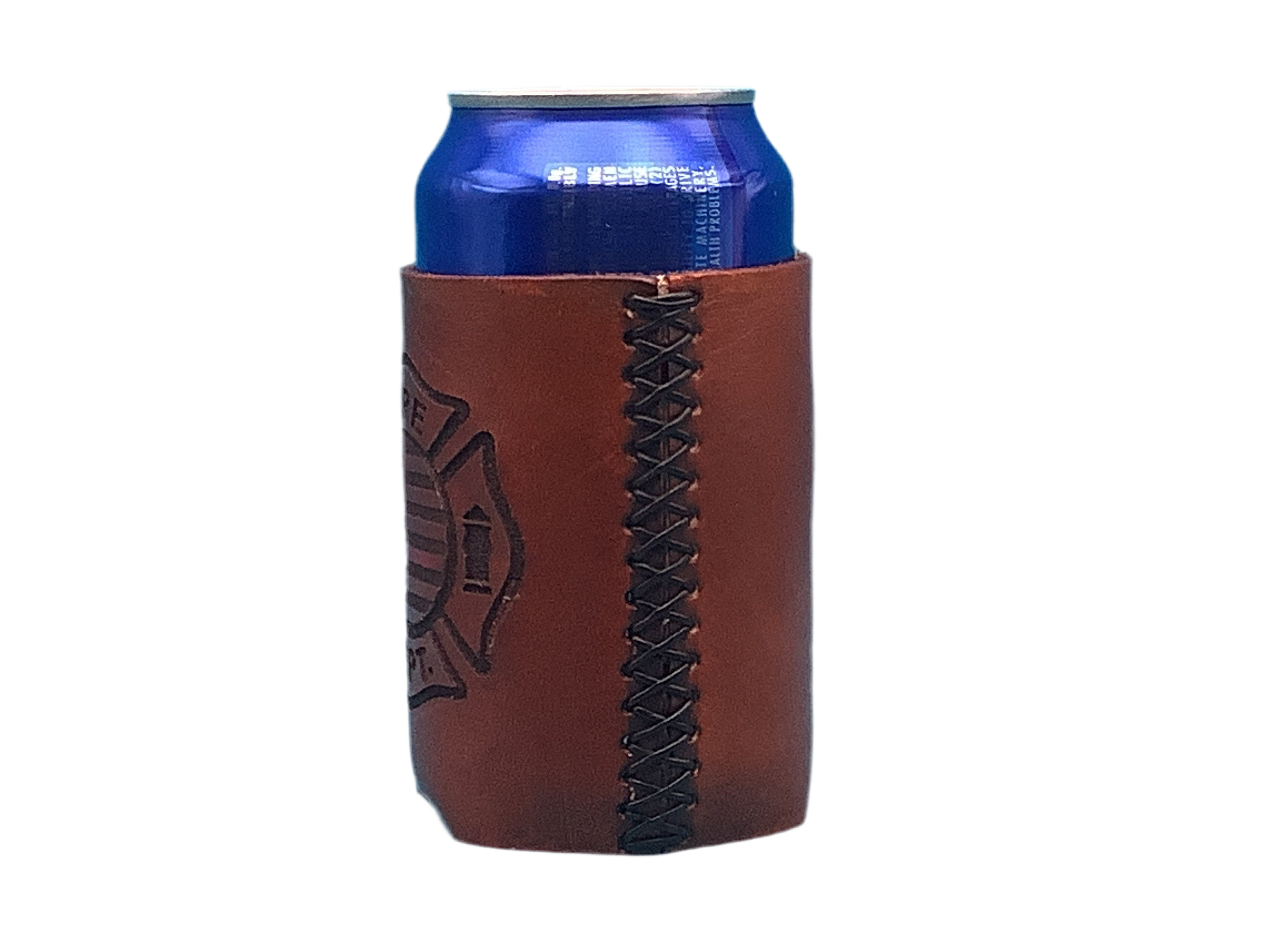 The side of a leather drink sleeve showing the leather lacing. 