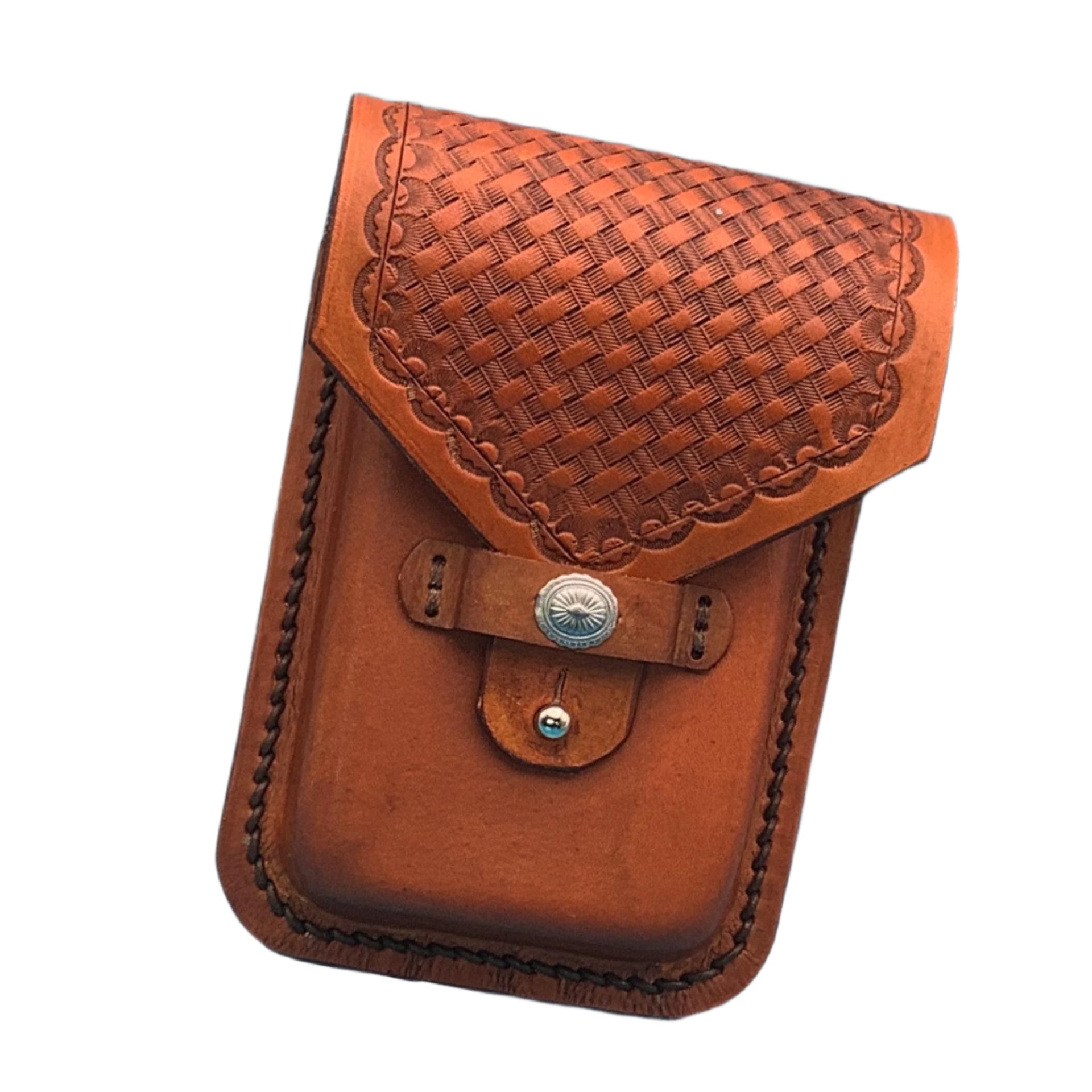 A saddle tan basketweave leather phone holder for saddle rear cinch.
