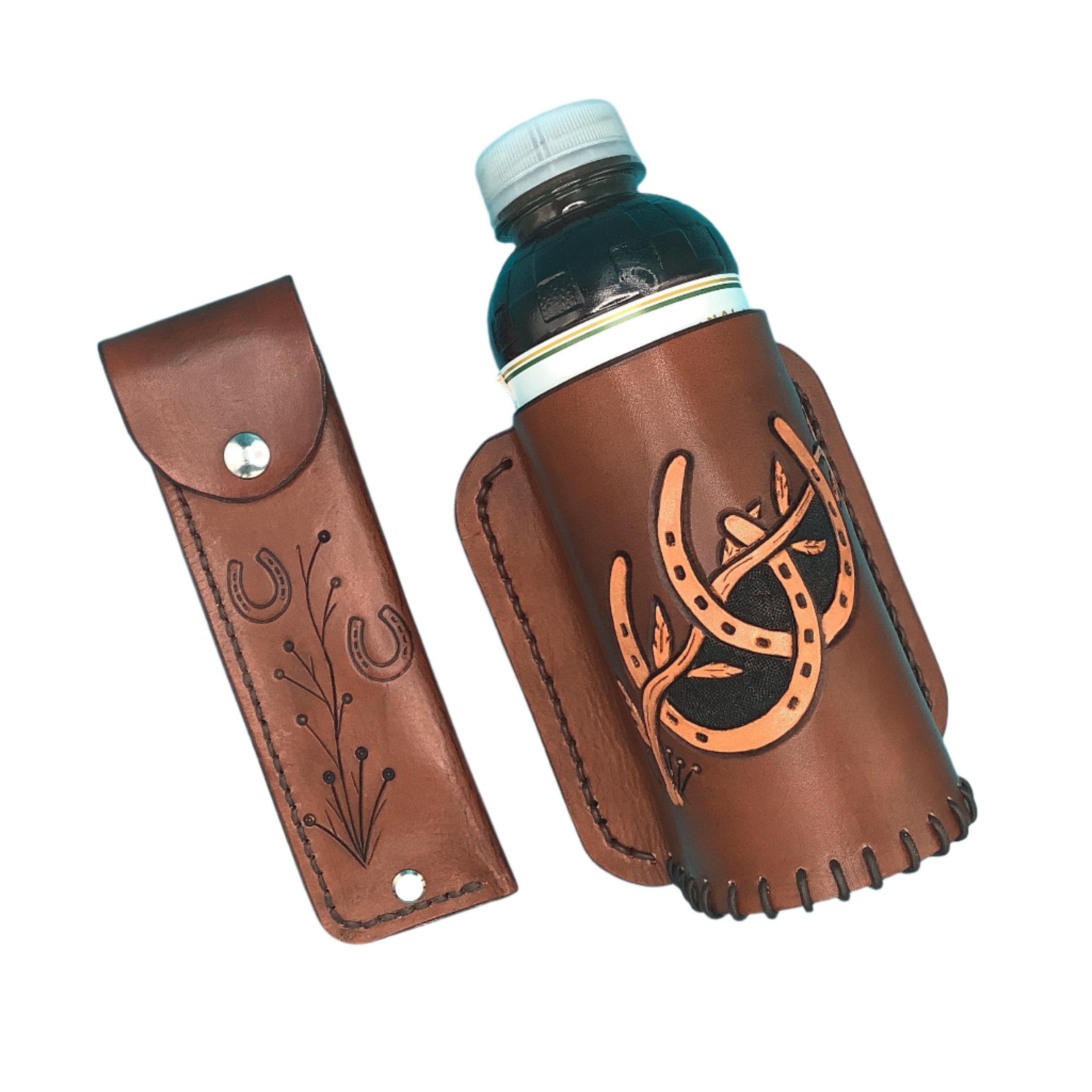 A matching hoof pick holder and bottle holder with hand tooled horseshoes.