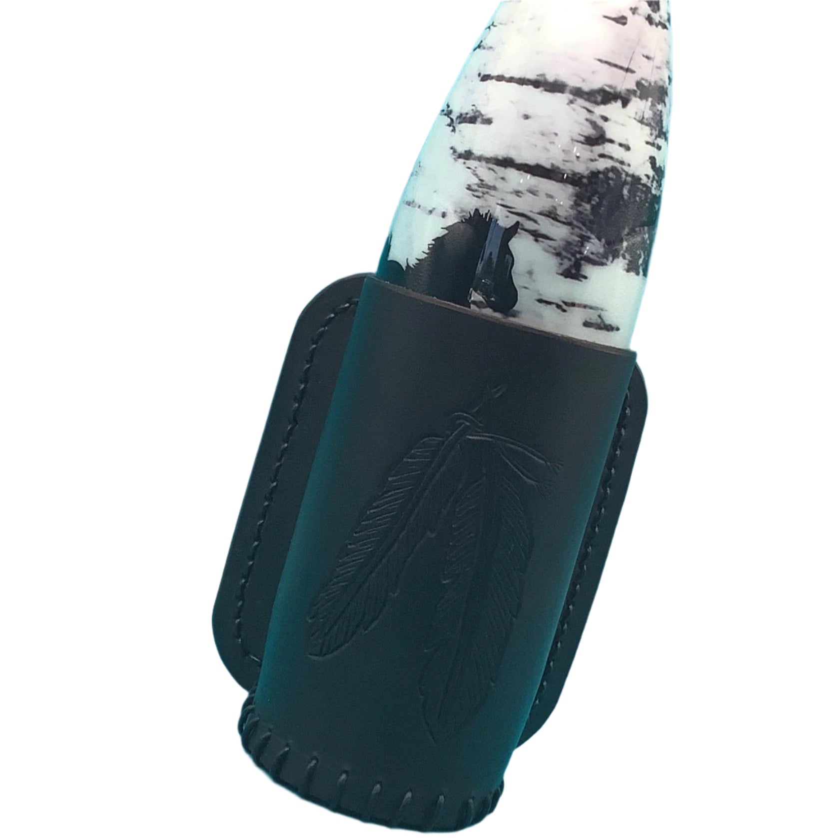 Dark chocolate bottle holder for saddle billet strap with hand tooled feathers with a vacuum bottle in it.