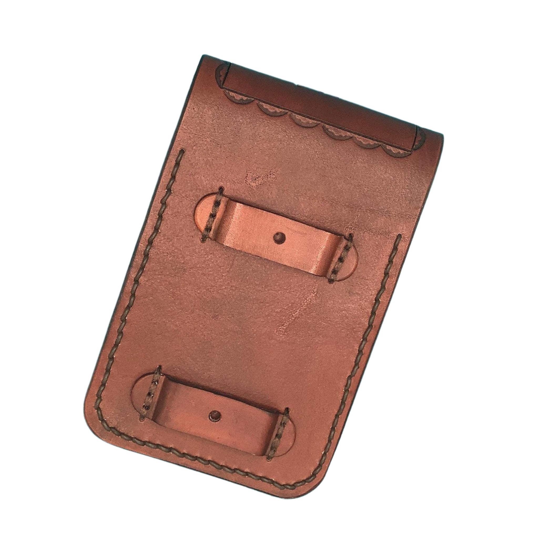 The back of a  leather phone holder for a saddle showing the straps that attach it to the billet.