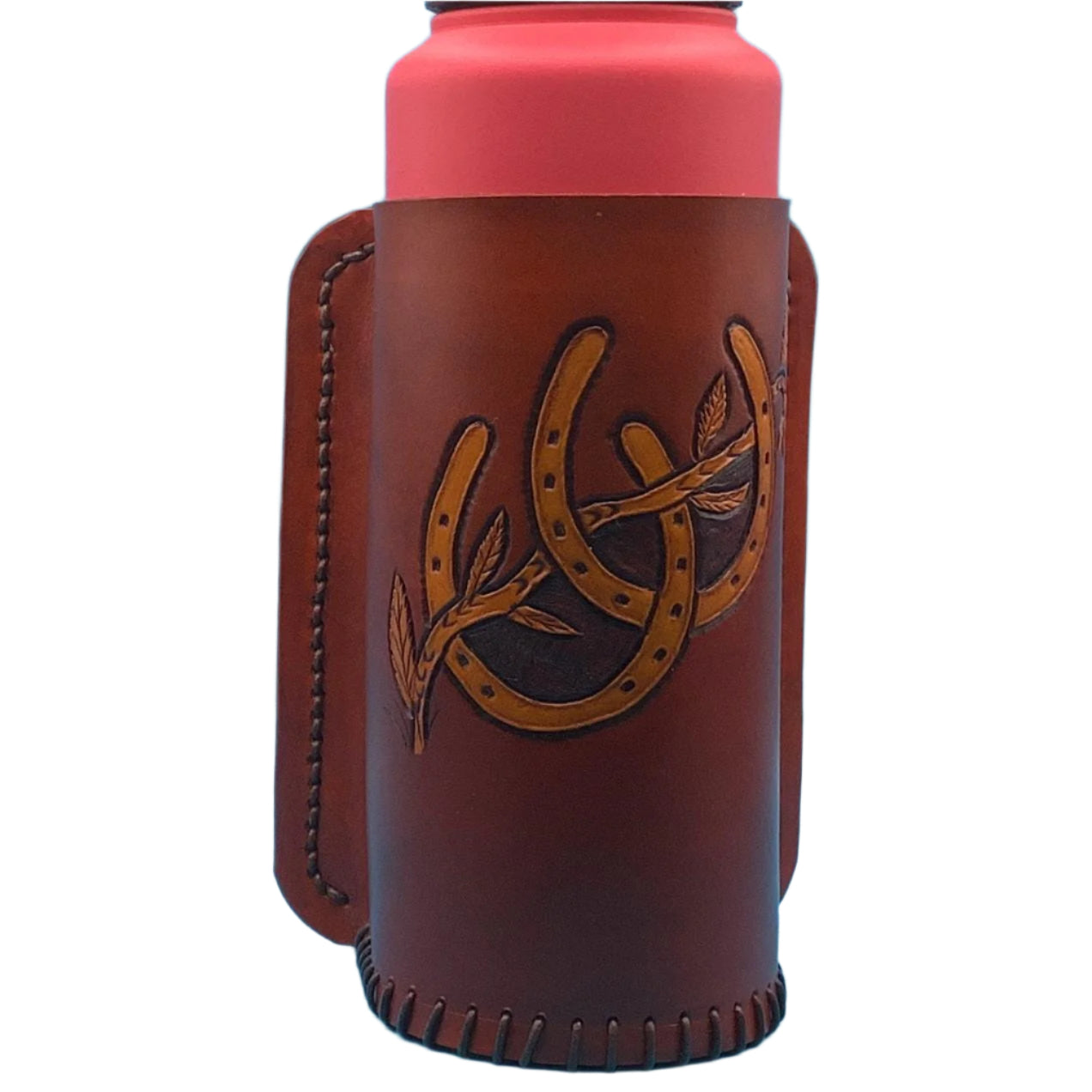 A large mahogany leather drink holder for a saddle billet strap with hand tooled horseshoes.
