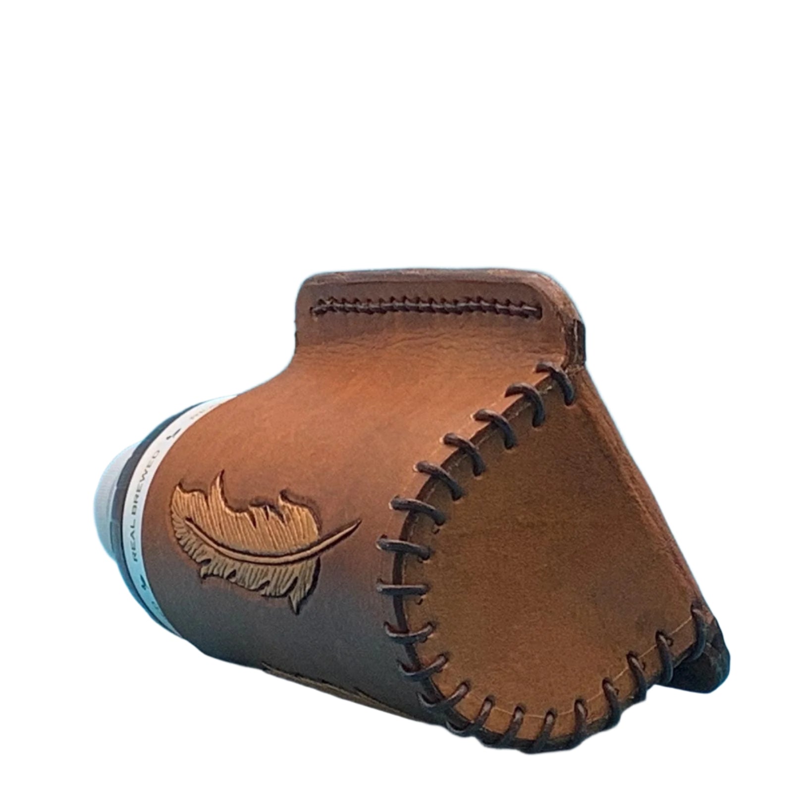 The bottom of a tan leather bottle holder for saddle rear cinch with hand tooled feathers.