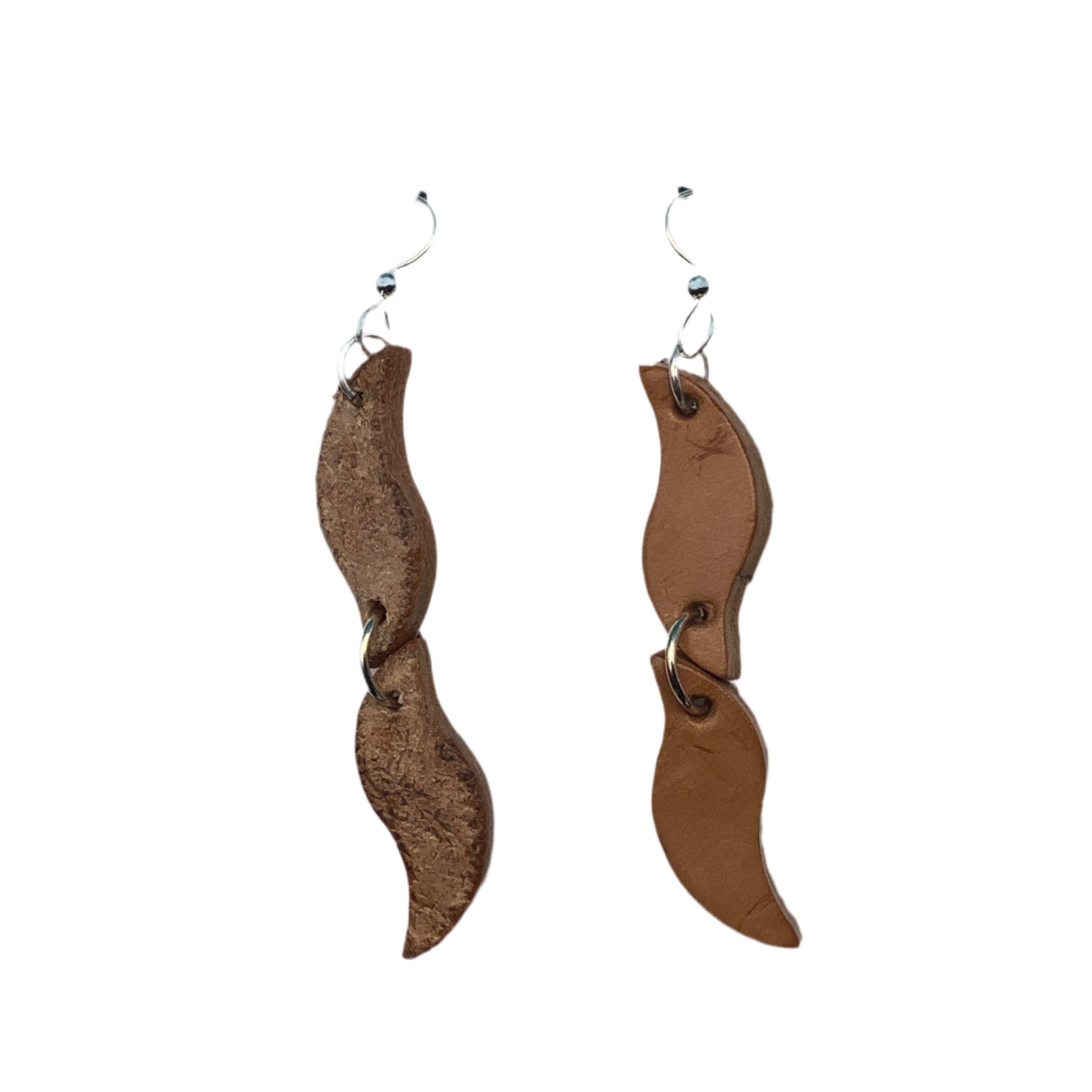 Front and back of long leather earrings. 