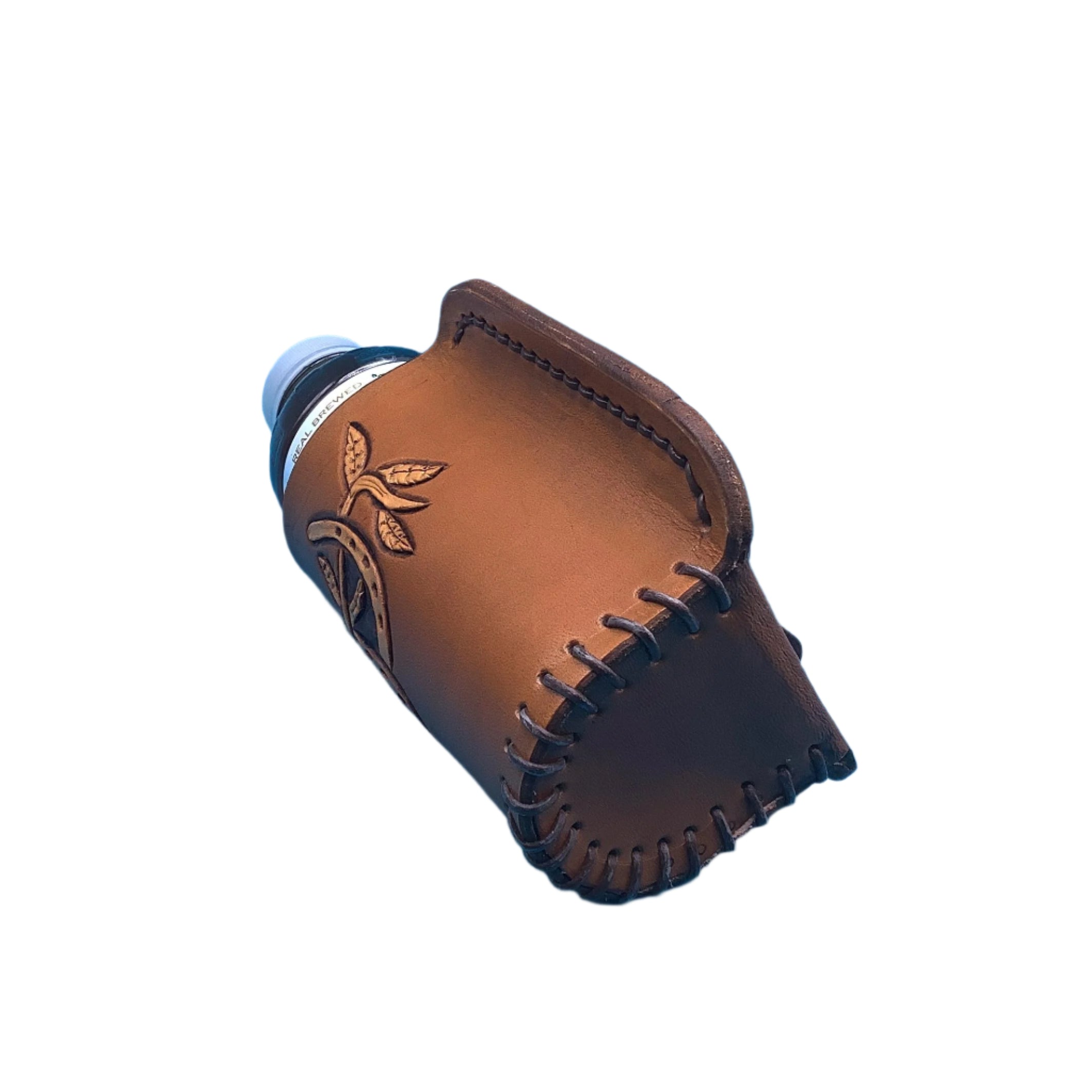 Bottom of a tan leather drink holder for saddle billet with hand tooled horseshoes.