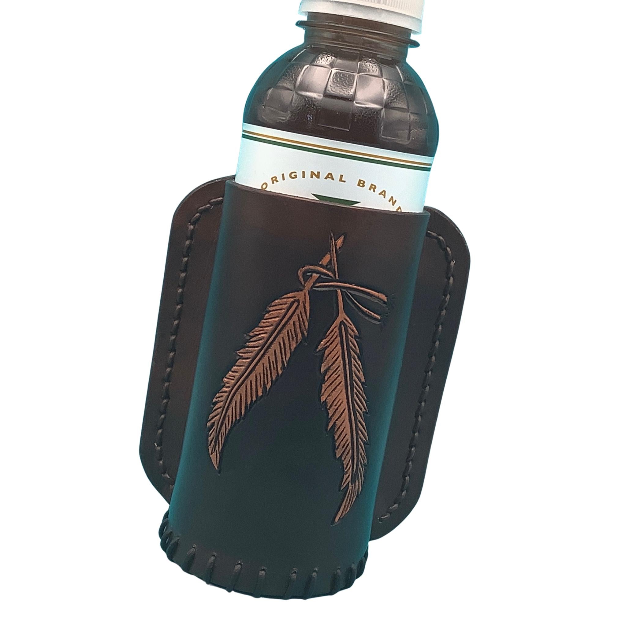 A dark brown leather saddle bottle holder with hand tooled feathers. 