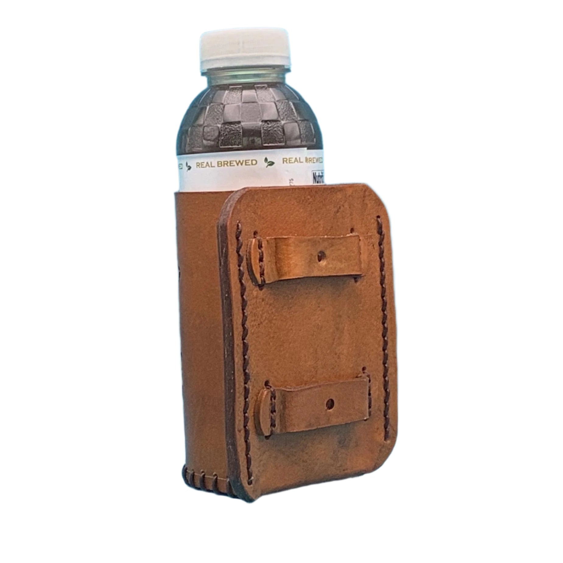 The back of a leather bottle holder for a saddle showing the straps that attach it to the billet.