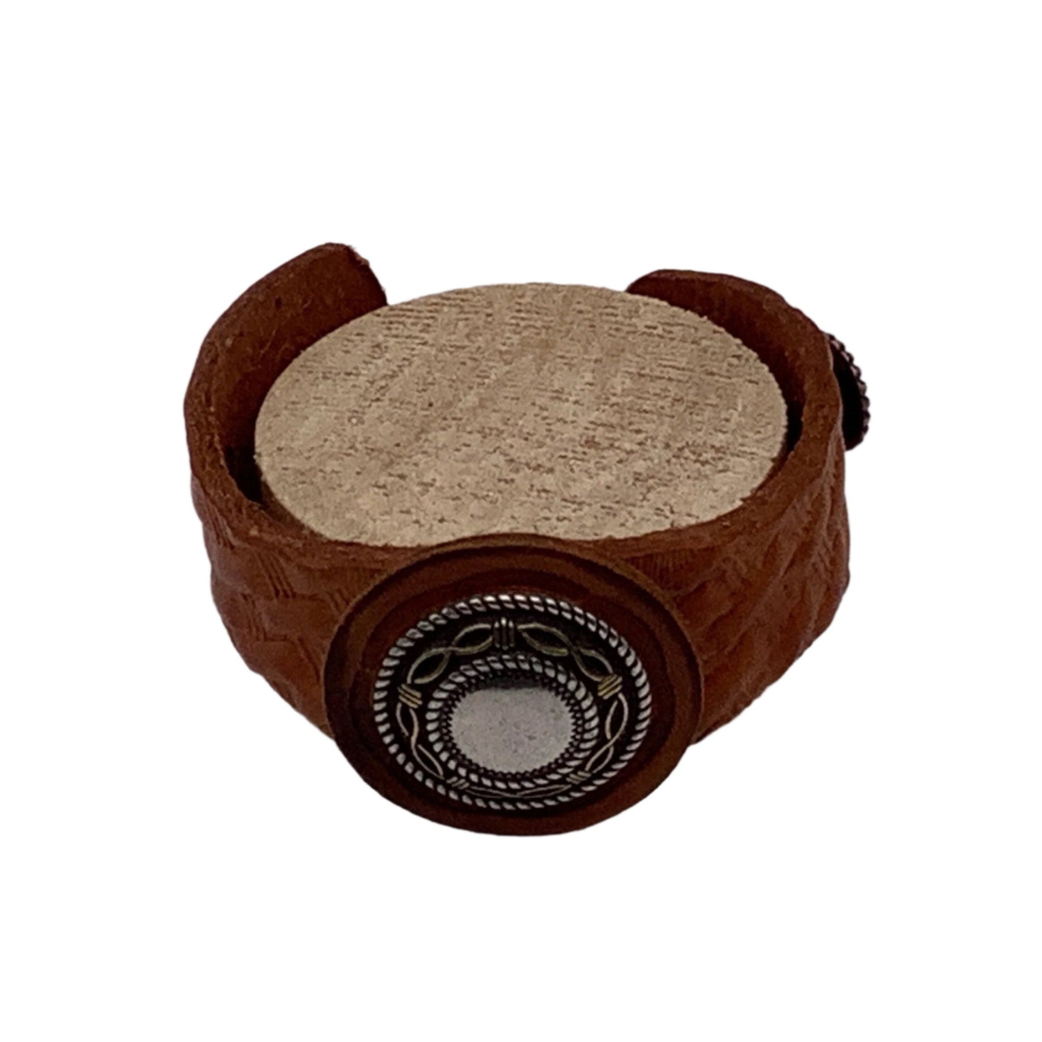 Leather basketweave bracelet with a silver concho.