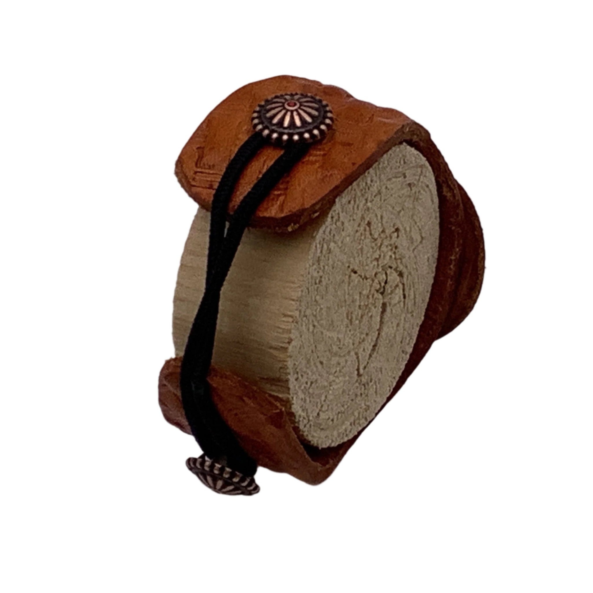 Leather basketweave bracelet with a decorative buttons and a stretch clasp. 