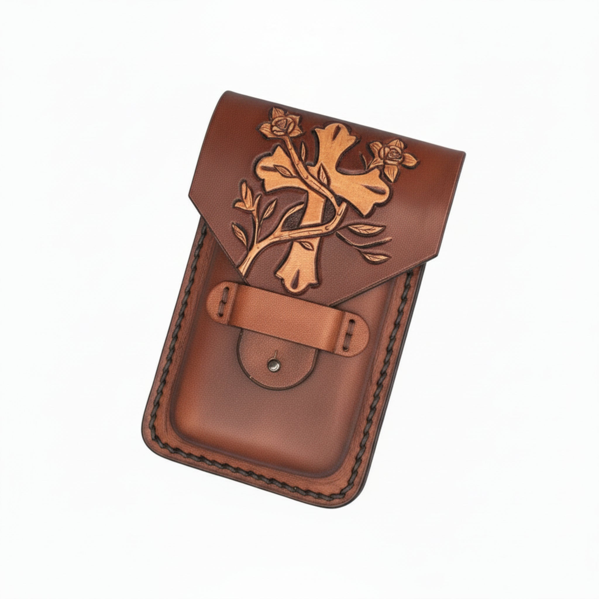 Western Leather Phone Holder, Hand - tooled Cross and Vine | Mahogany