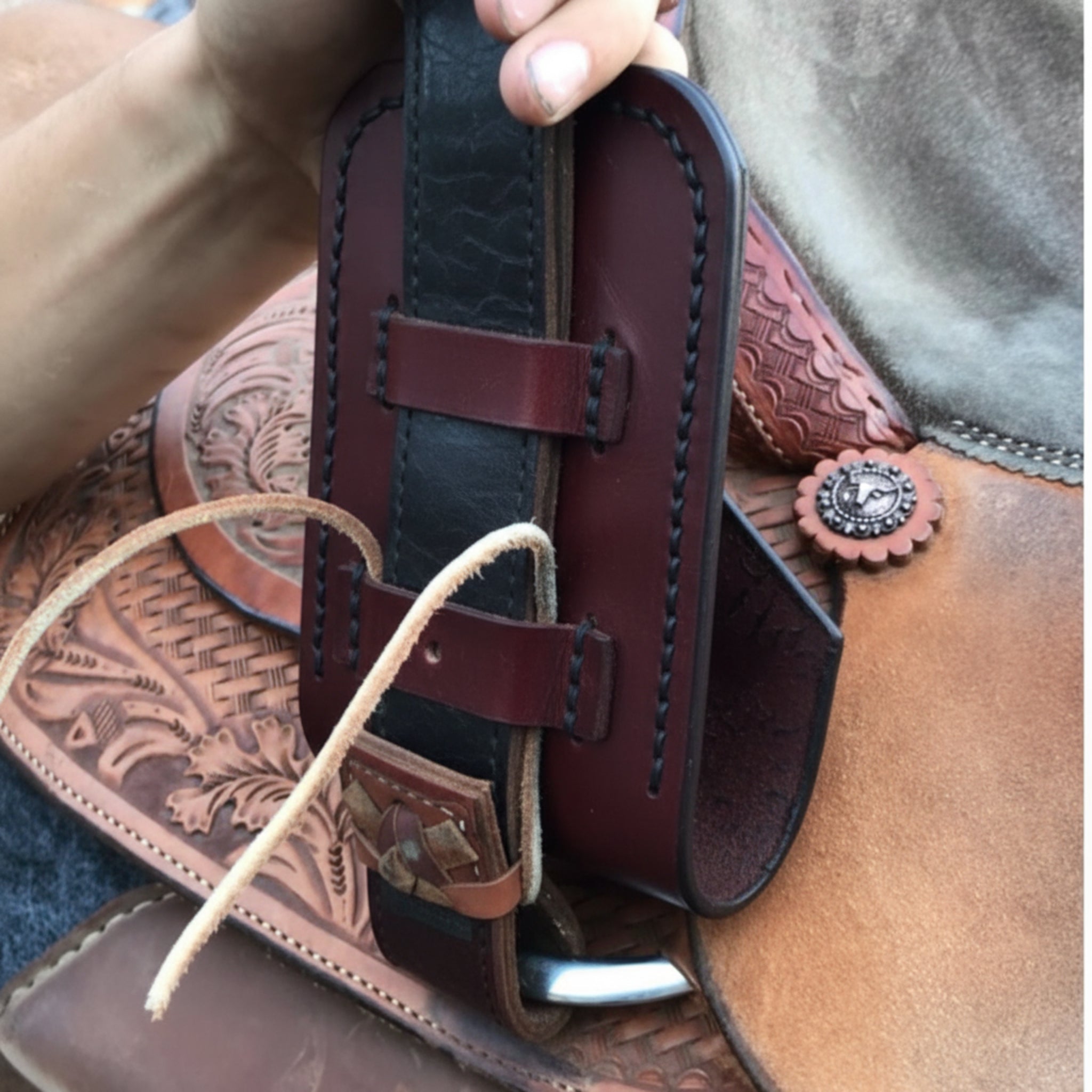 Western Leather Phone Holder, Hand - tooled Cross and Vine | Mahogany
