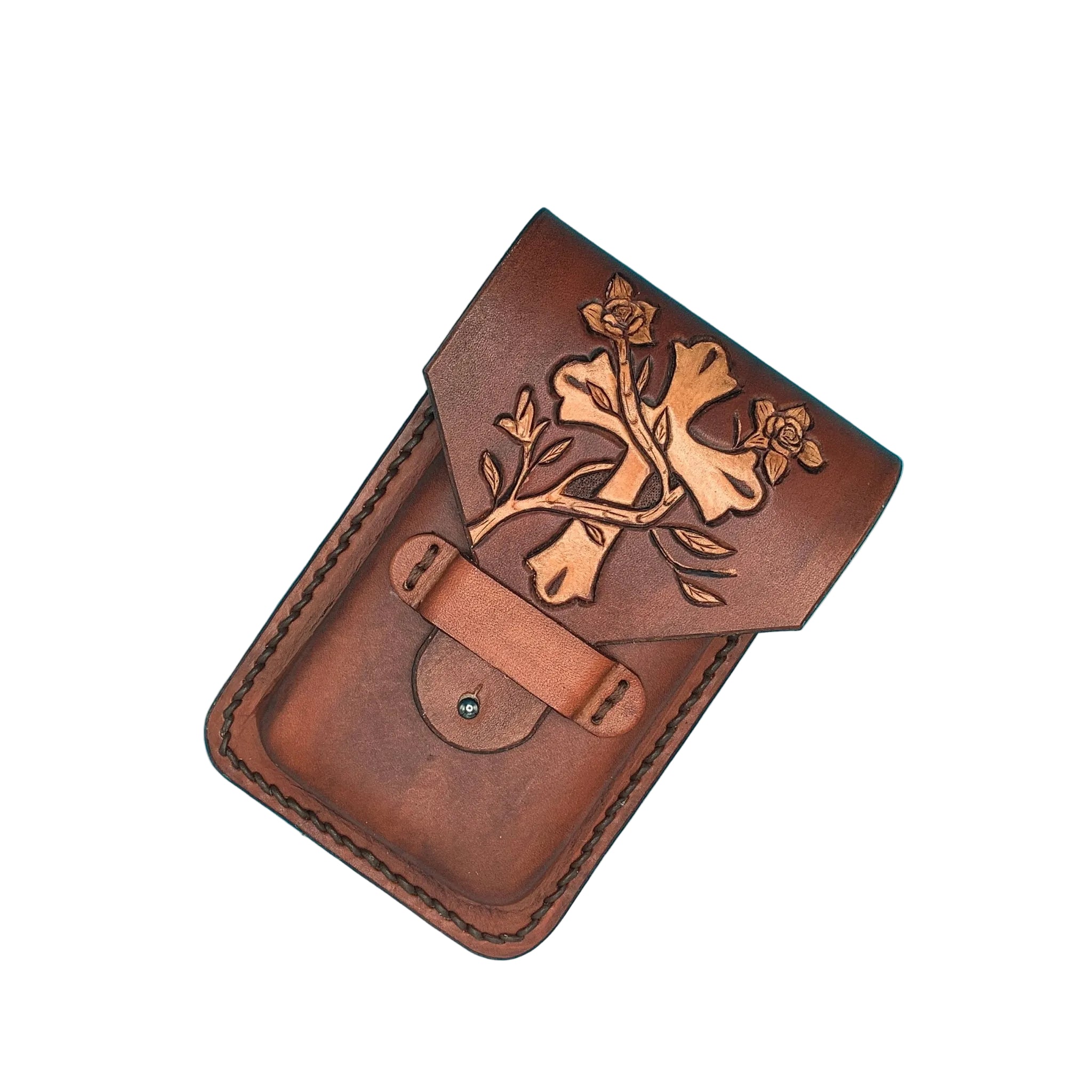 Western Leather Phone Holder, Hand - tooled Cross and Vine | Mahogany