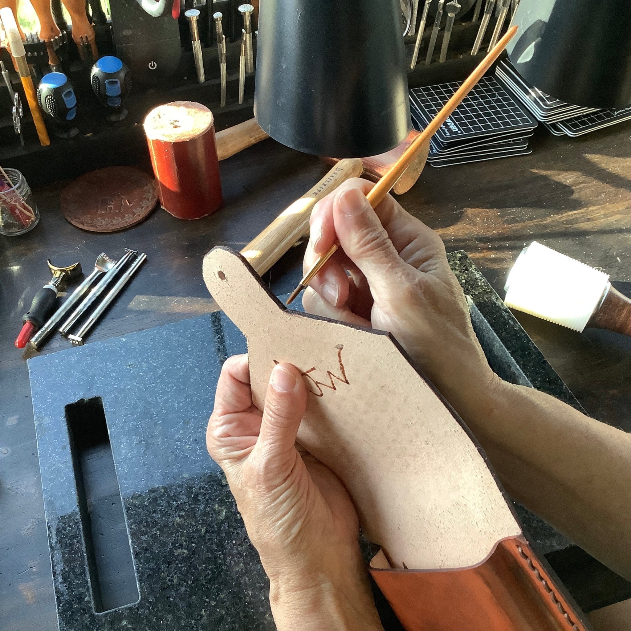 Saddle Phone case and Leather Hoof Pick Holder with Hoof Pick in Mahogany Basketweave