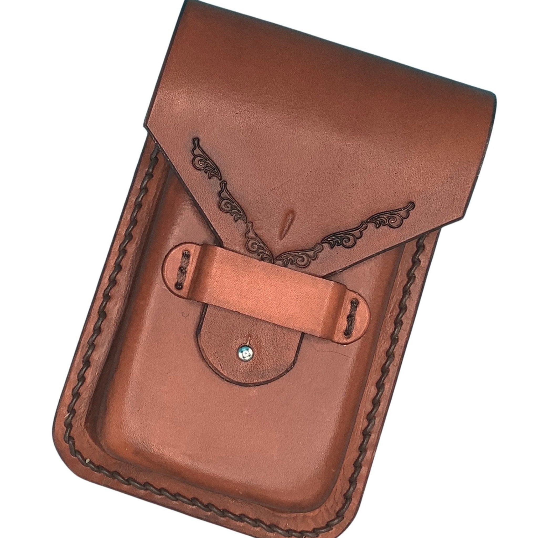 Leather Phone Holder for Saddle Rear Cinch - Hand Tooled in Light Brown