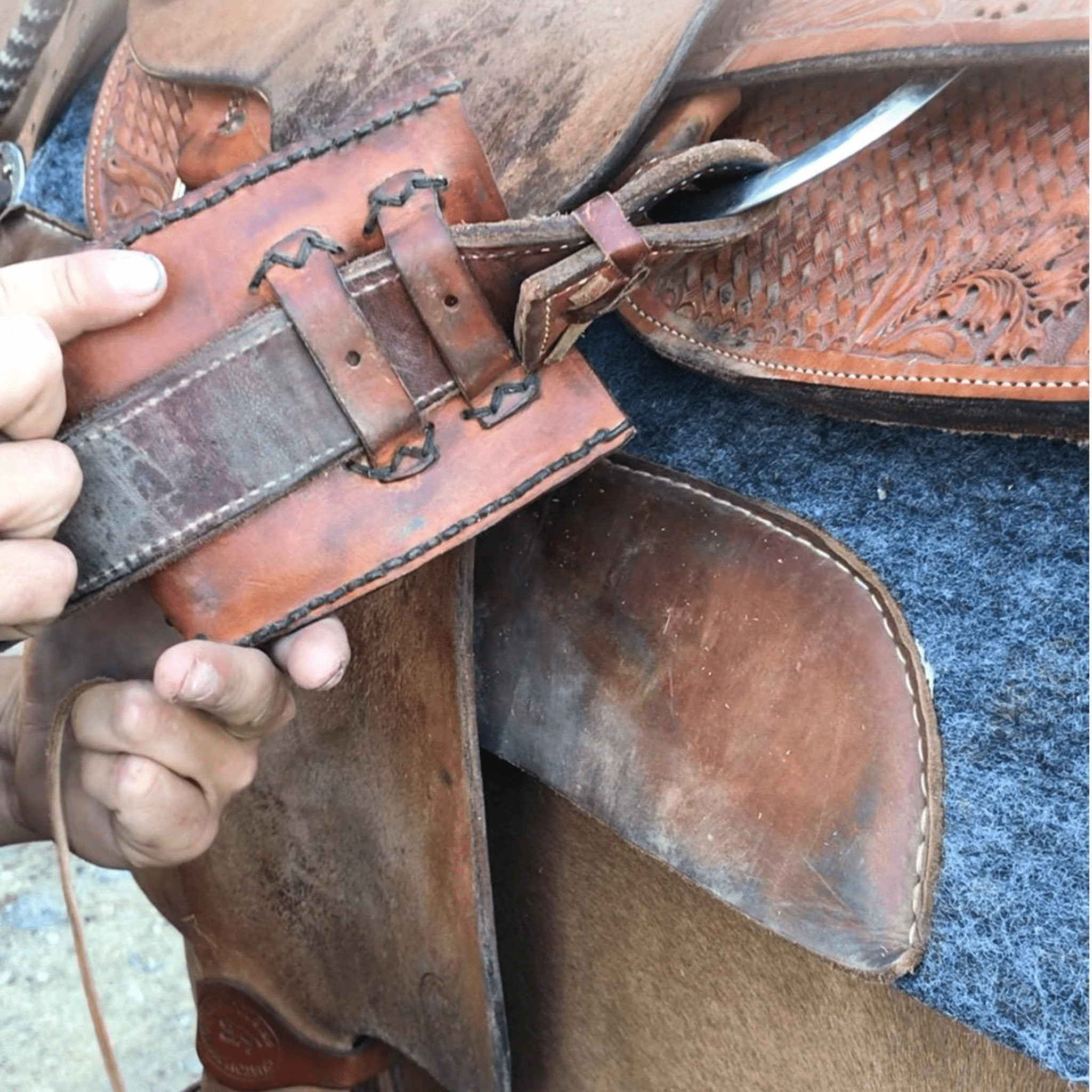 Leather Drink Holder for Saddle Rear Cinch Strap, Hand - tooled Cross and Vine in Medium Brown Leather
