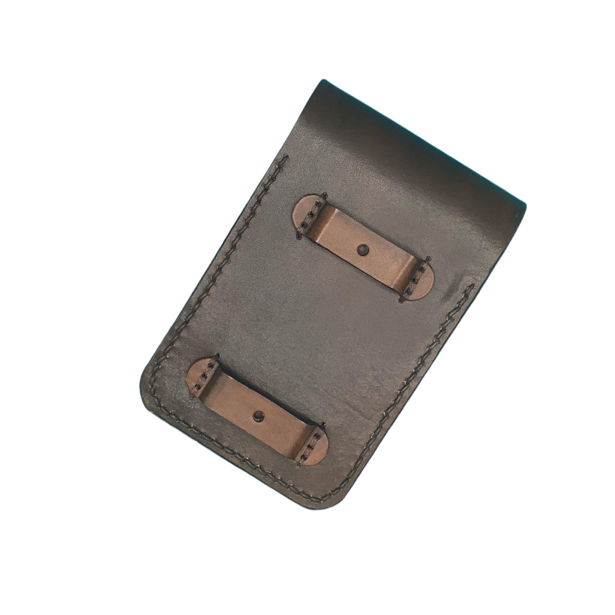 Leather Phone Holder for Rear Cinch Saddle with Hand Tooled Feathers in Dark Brown