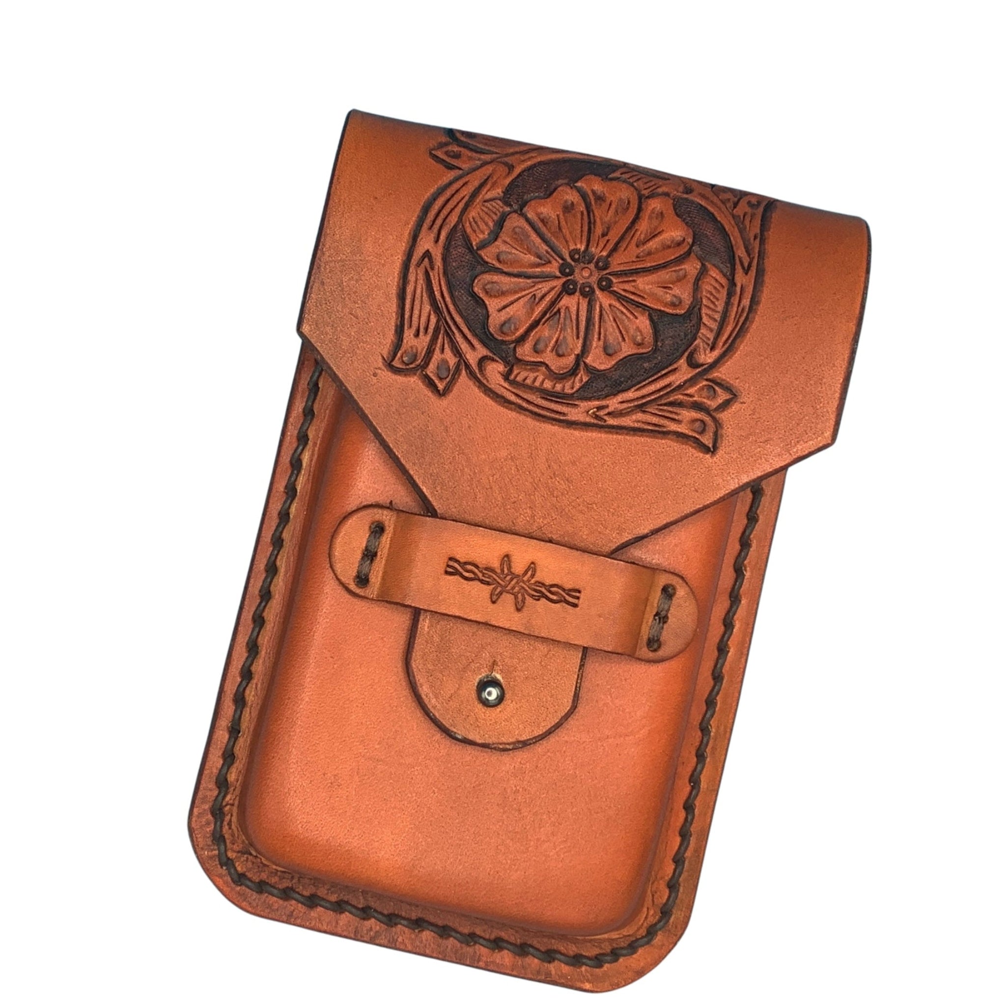 Leather Phone Holder for Saddle Billet Strap with Hand tooled Saddle Flower