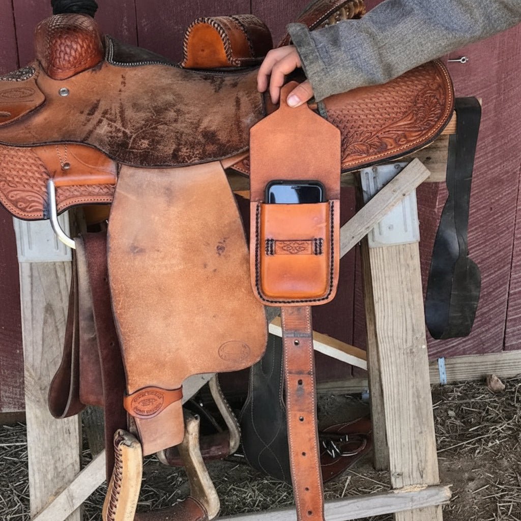 Leather Phone Holder for Saddle Billet Strap with Hand tooled Saddle Flower