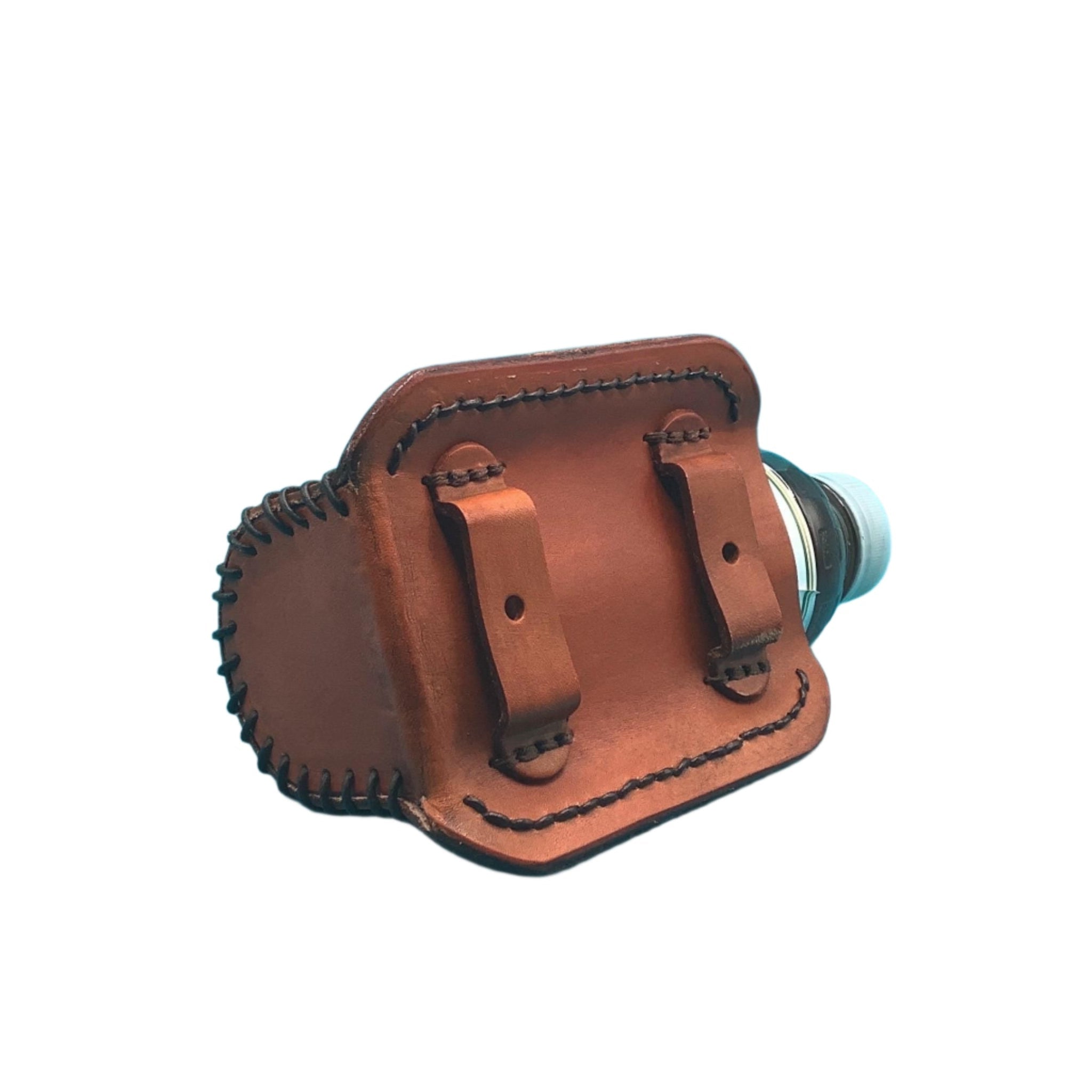 Leather Water Bottle Holder for Saddle Billet Strap, Basketweave in Saddle Tan Color