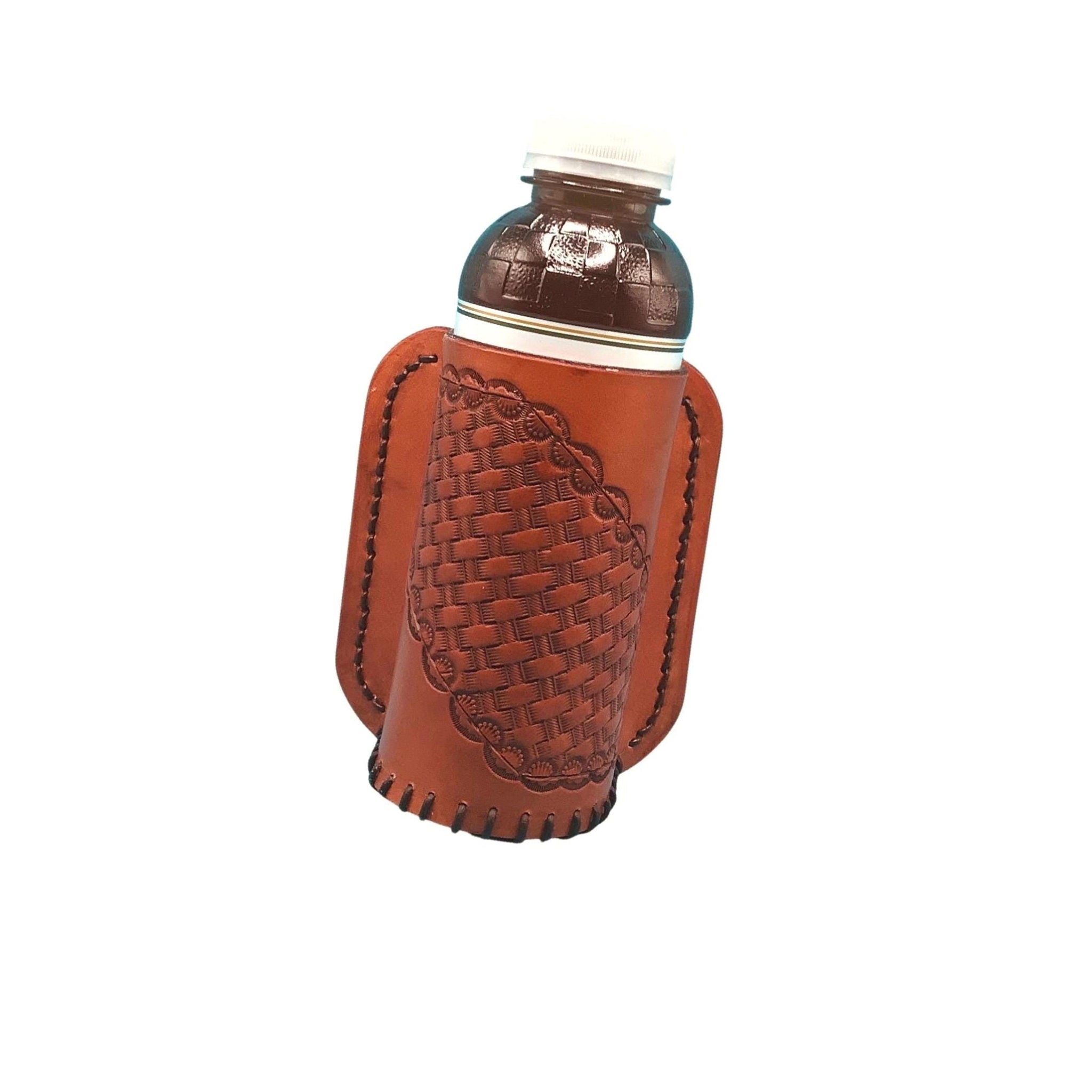 Leather Water Bottle Holder for Saddle Billet Strap, Basketweave in Saddle Tan Color