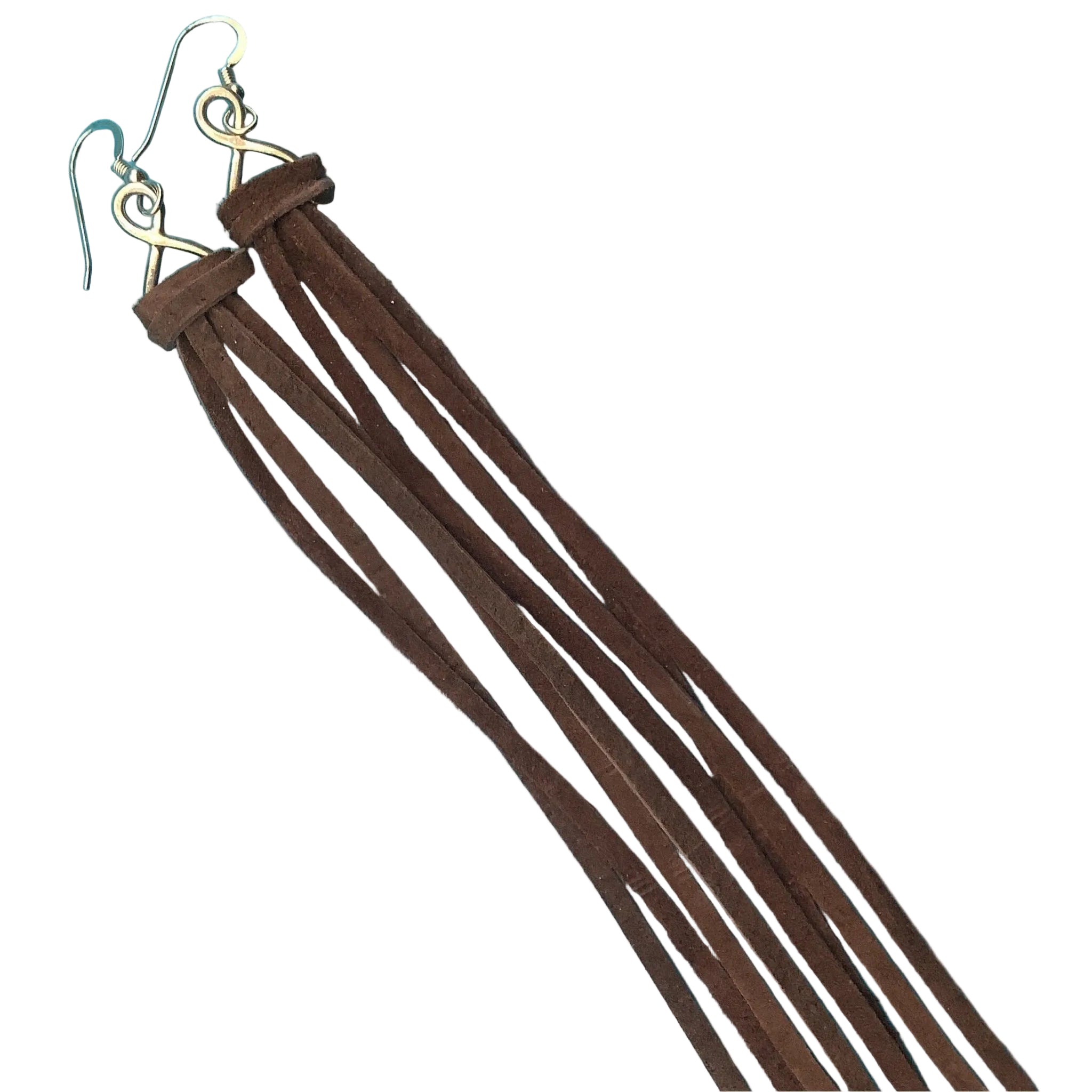 Long Leather Lace Earrings, Leather Fringe Earrings Sterling Silver