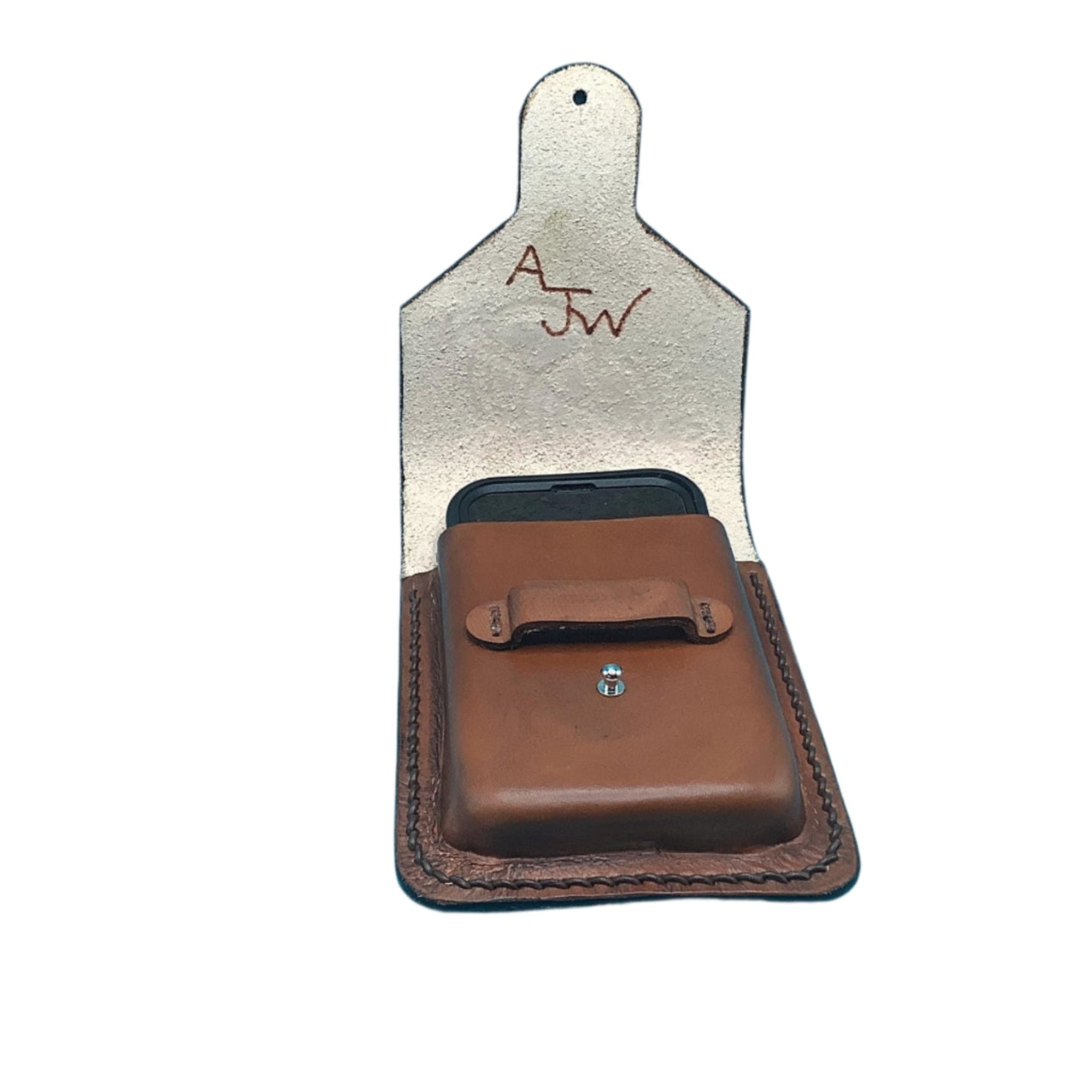 Saddle Phone Case with Hand Tooled Leather Horseshoes in Medium Brown