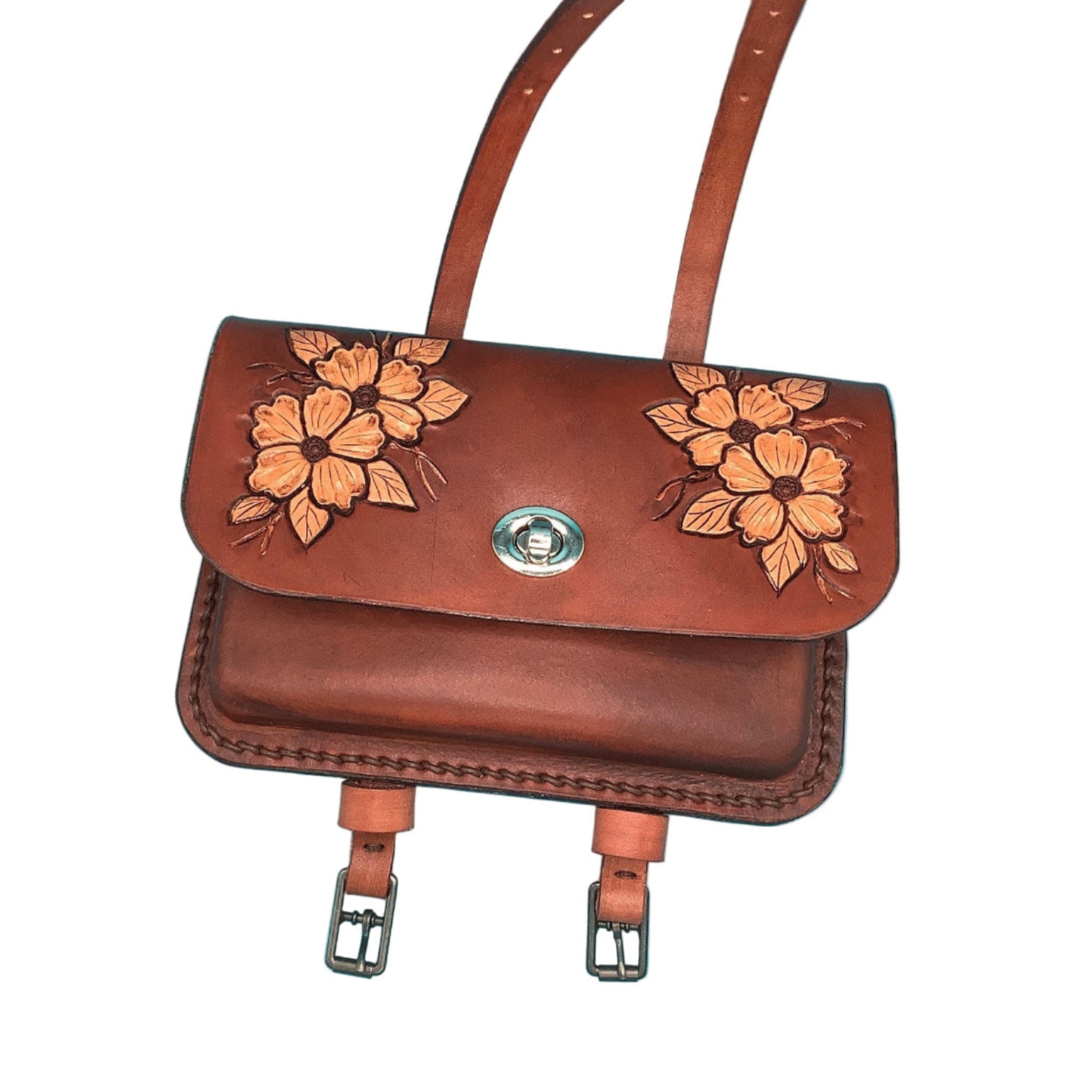 Hand tooled leather pommel bag for western saddle | desert rose design