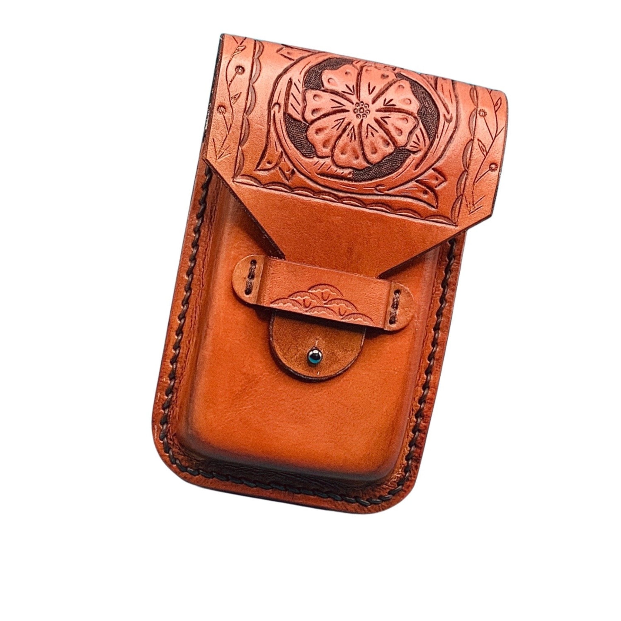 Leather Phone Holder for Saddle Rear Cinch with Hand tooled Saddle Flower