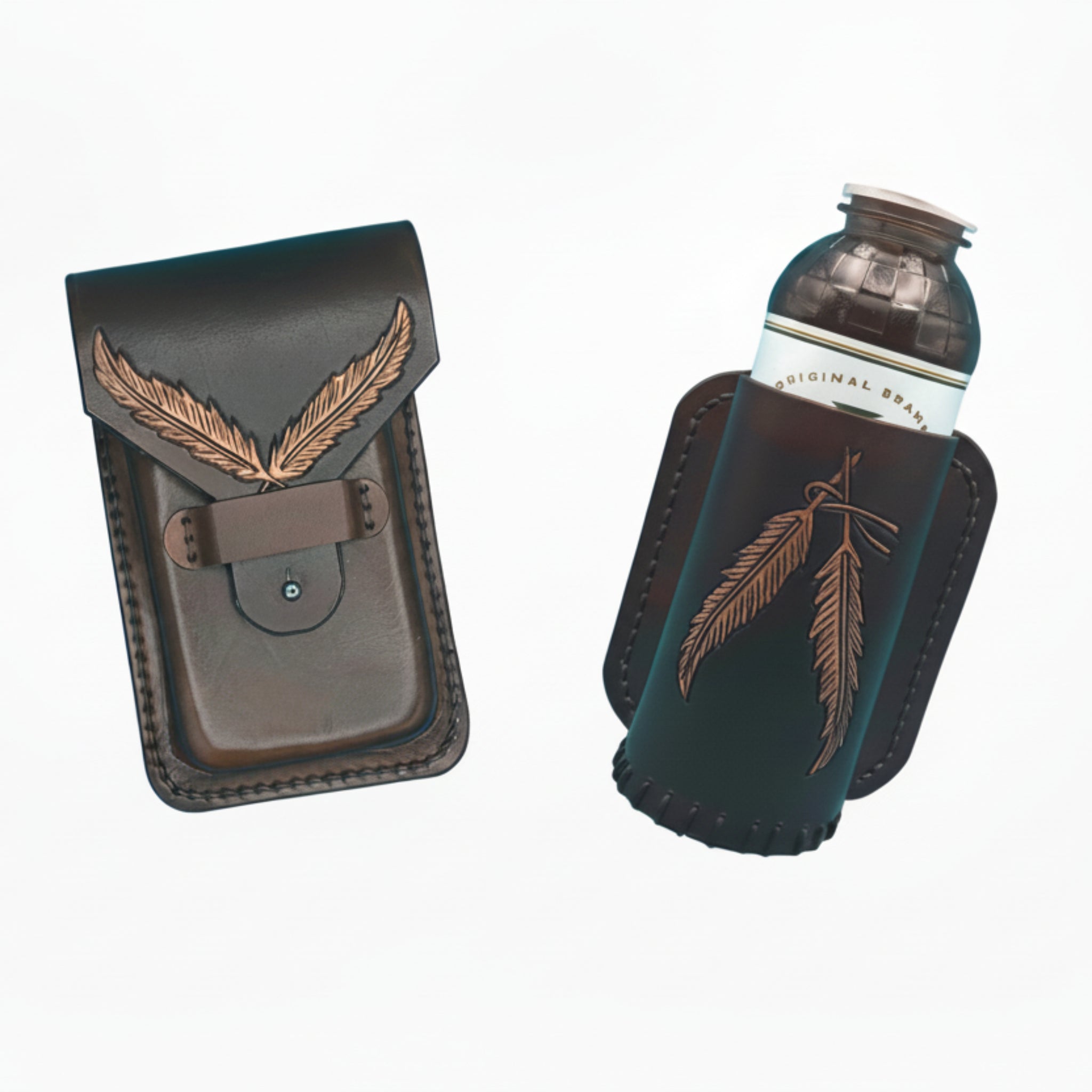 Leather Phone Holder and Bottle Holder for Saddle Billet Strap with Hand Tooled Feathers in Dark Brown