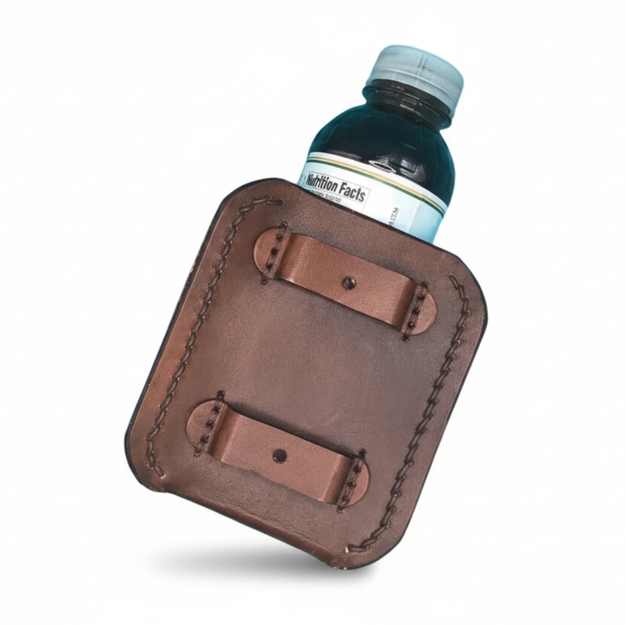 Leather Phone Holder and Bottle Holder for Saddle Billet Strap with Hand Tooled Feathers in Dark Brown